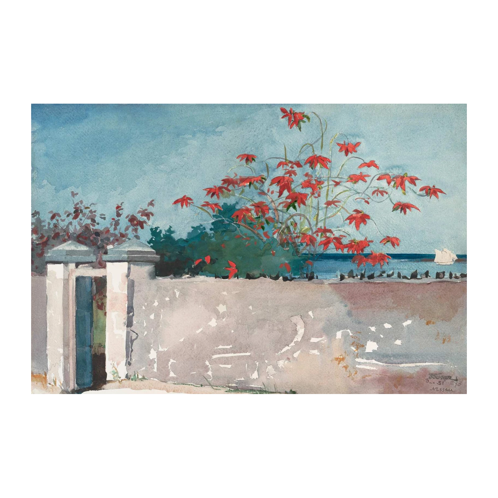 Vibrant Tropical Gate & Ocean Watercolor Wall Art