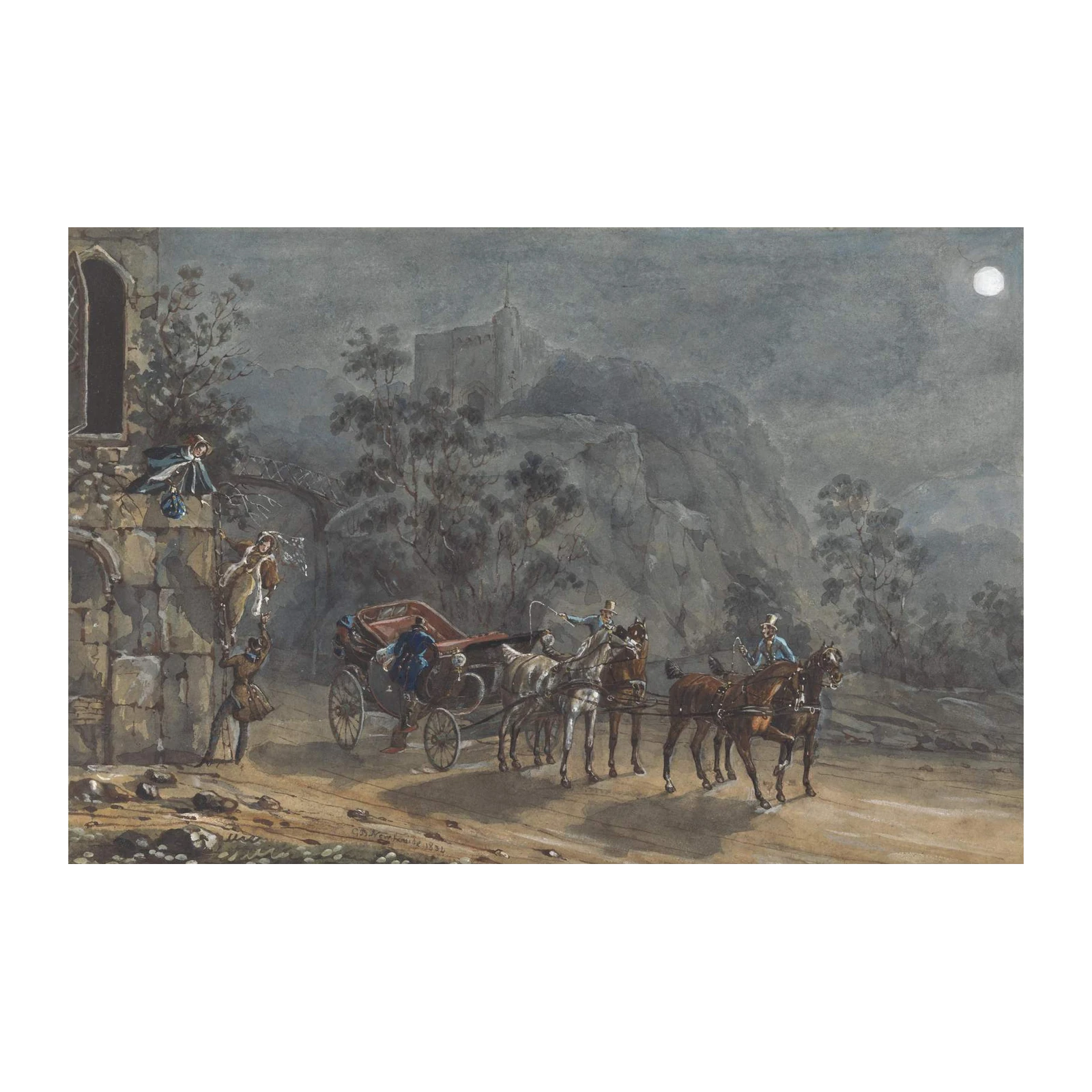 Vintage Coach & Moonlit Castle Wall Art