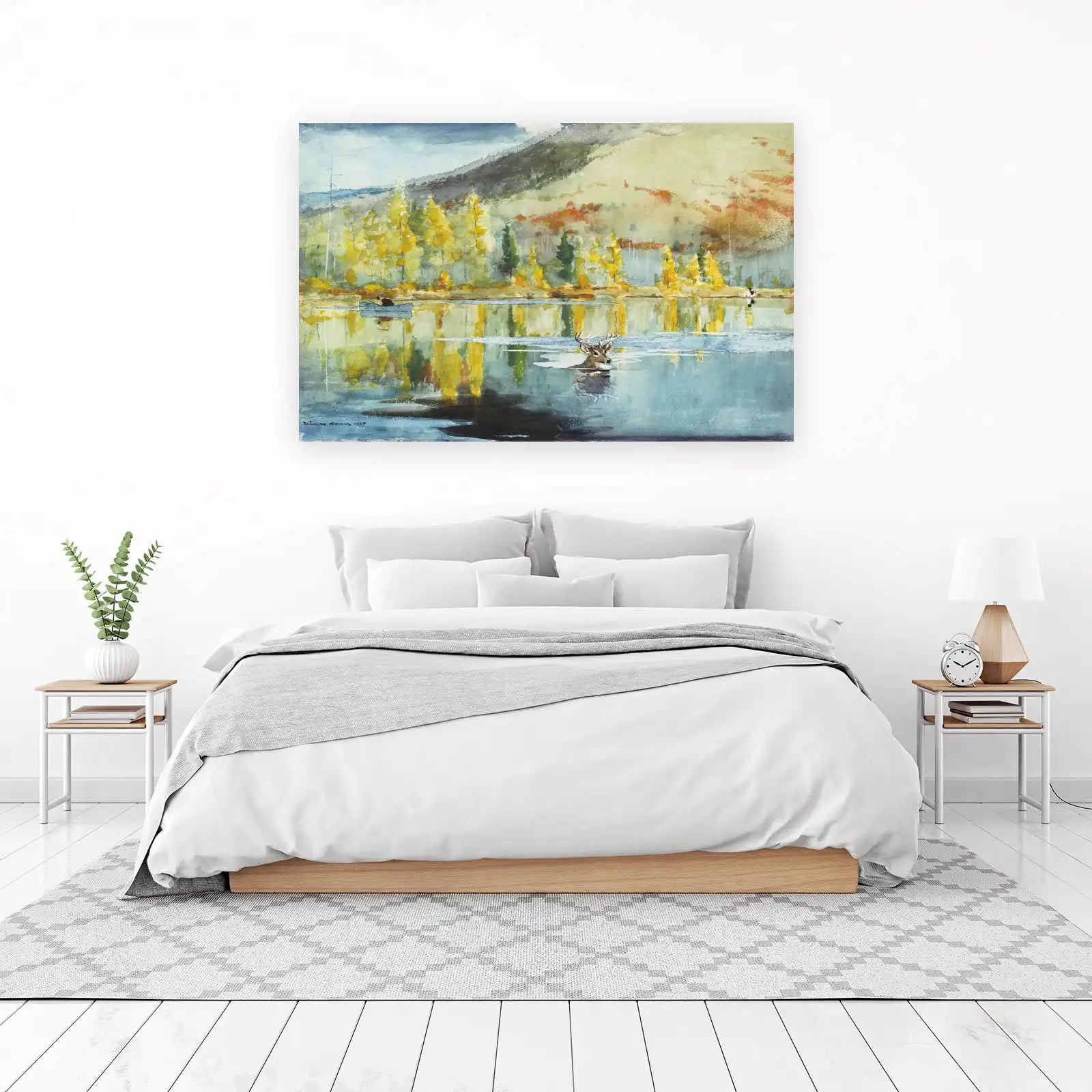 Majestic Deer Lake Watercolor Wall Art