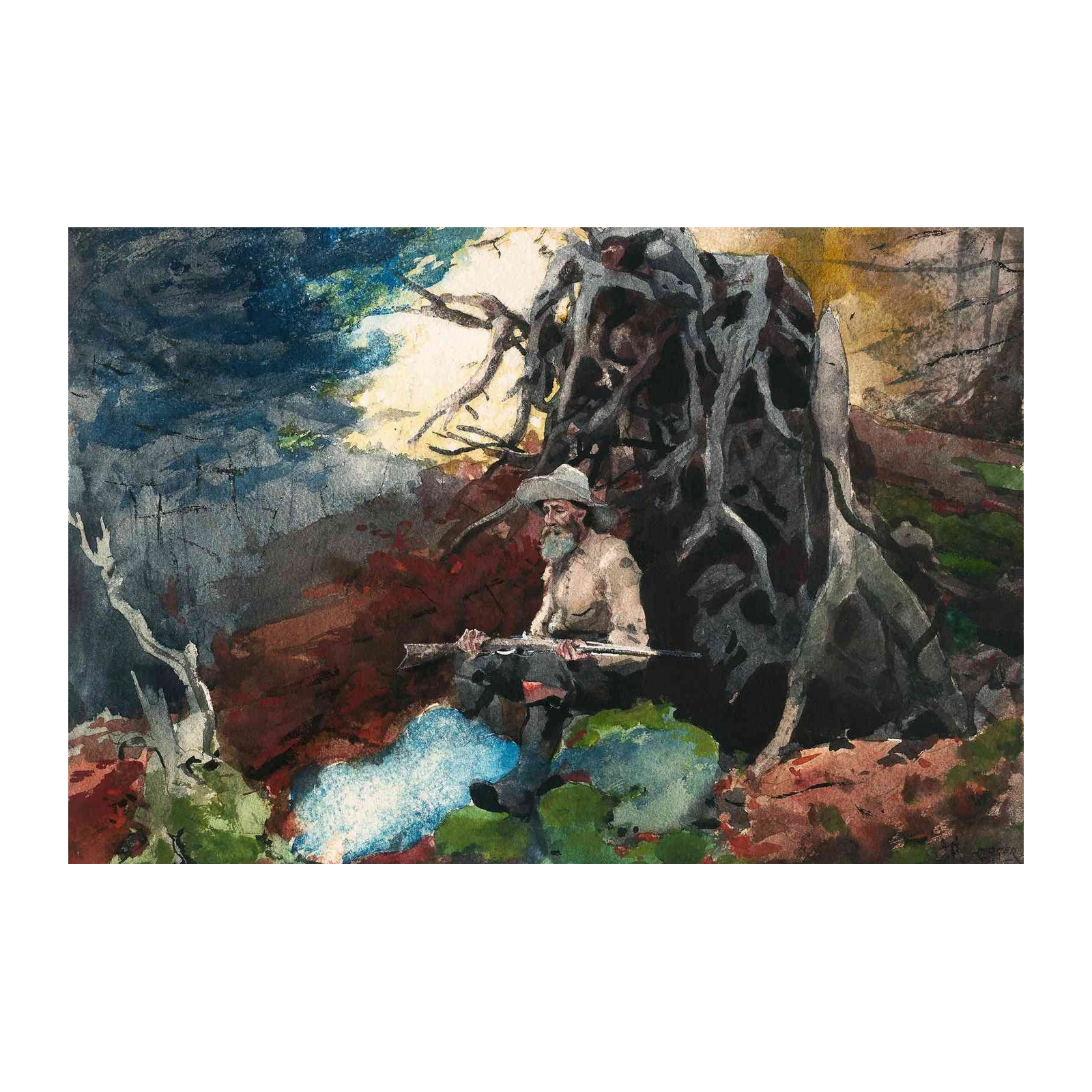Rustic Hunter Resting Woodland Scene Wall Art