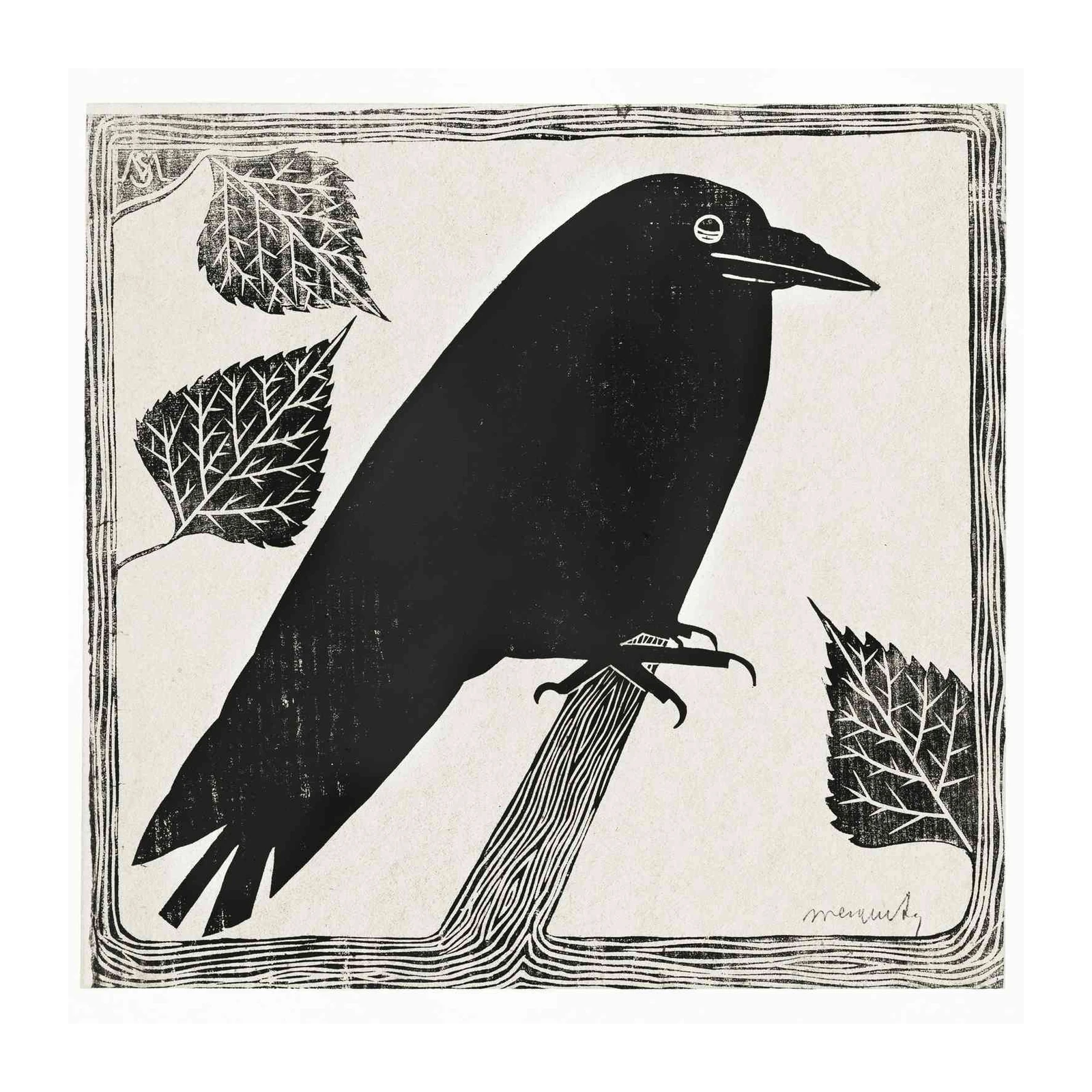Mystic Raven & Leaves Woodcut Art Wall Art