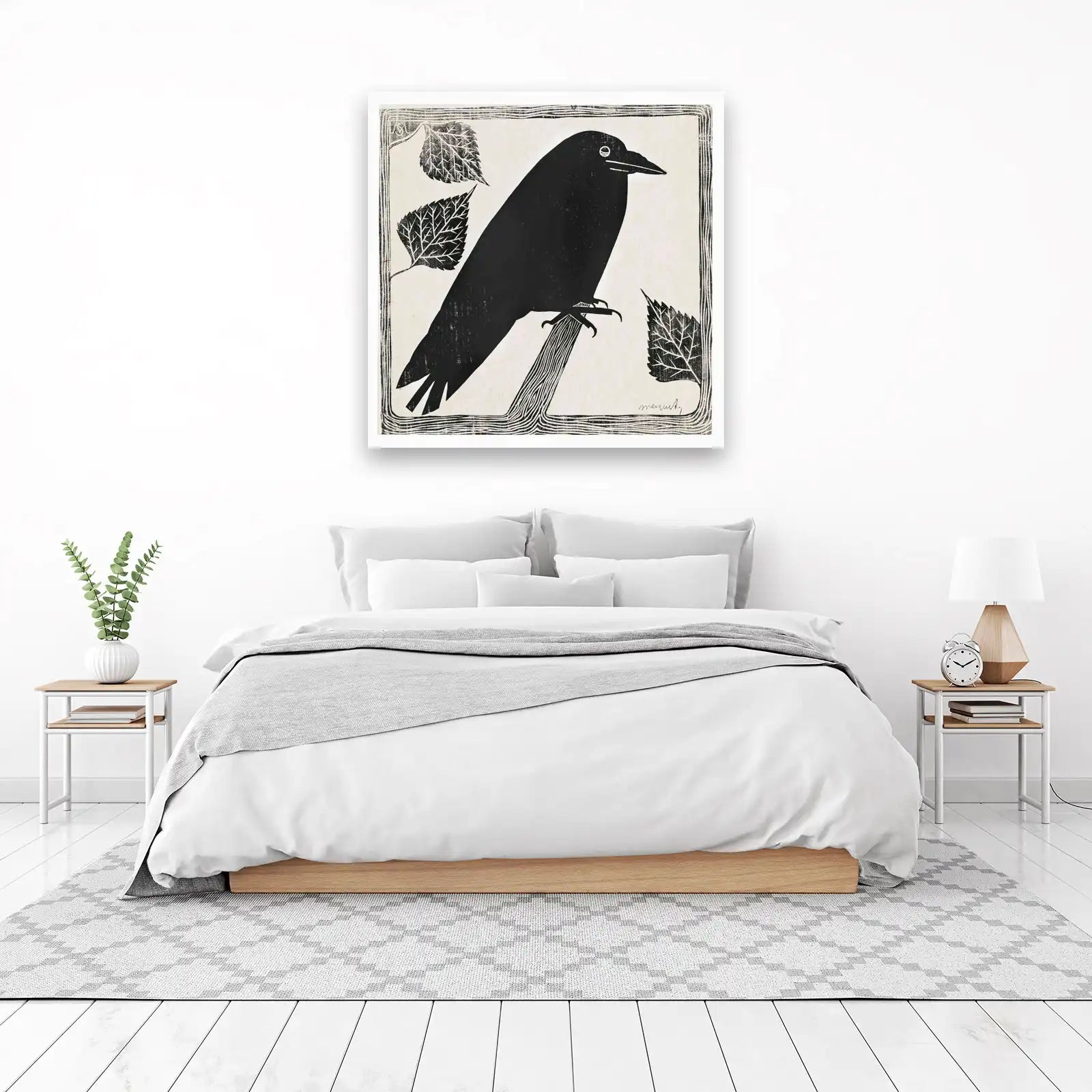 Mystic Raven & Leaves Woodcut Art Wall Art
