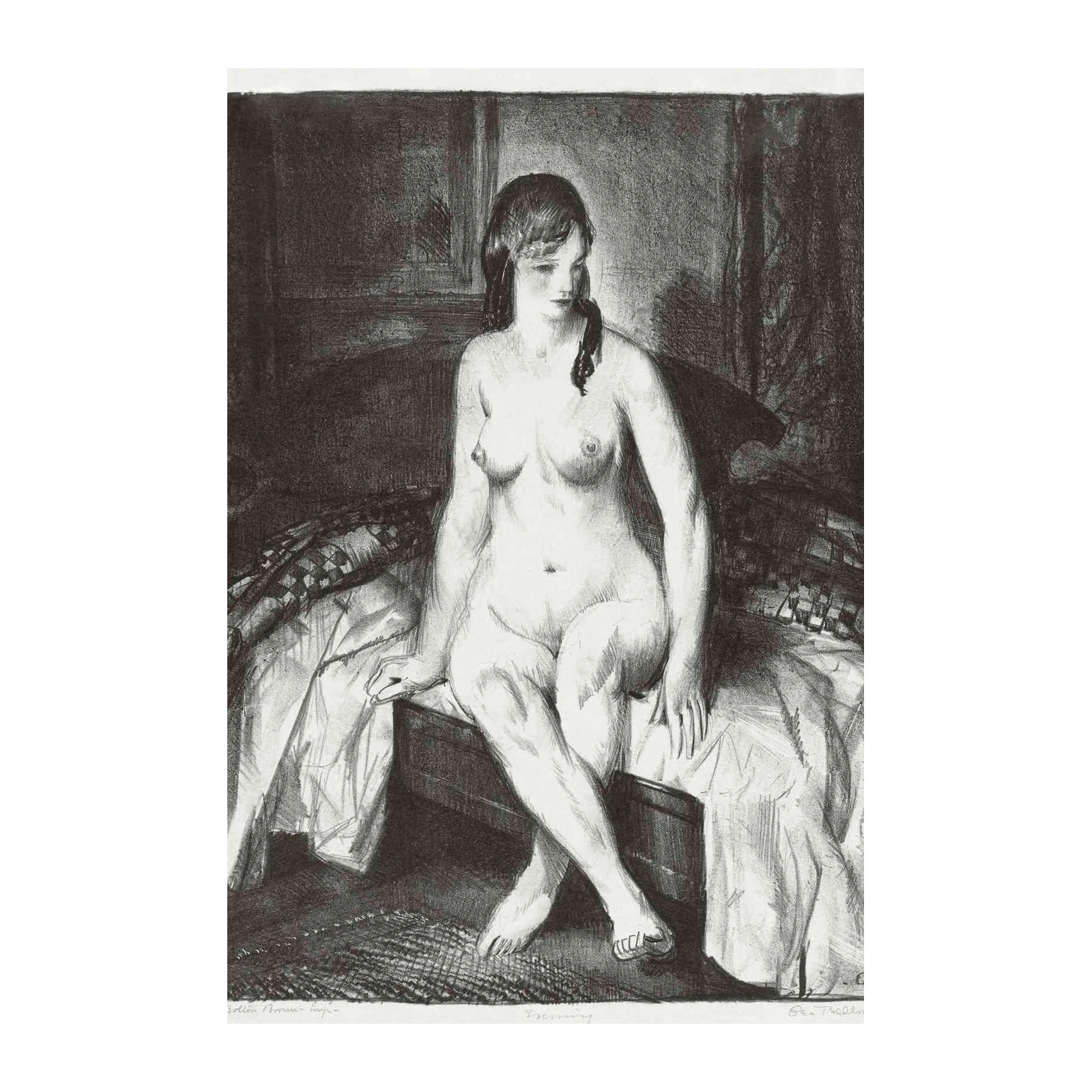 Nude Woman Sitting Bedroom Charcoal Wall Art
