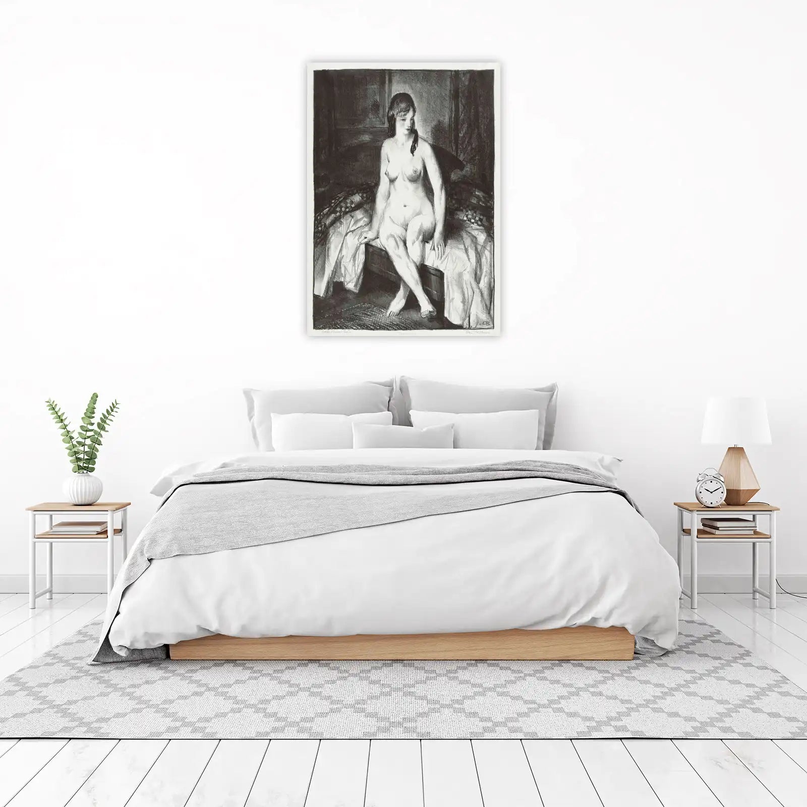 Nude Woman Sitting Bedroom Charcoal Wall Art