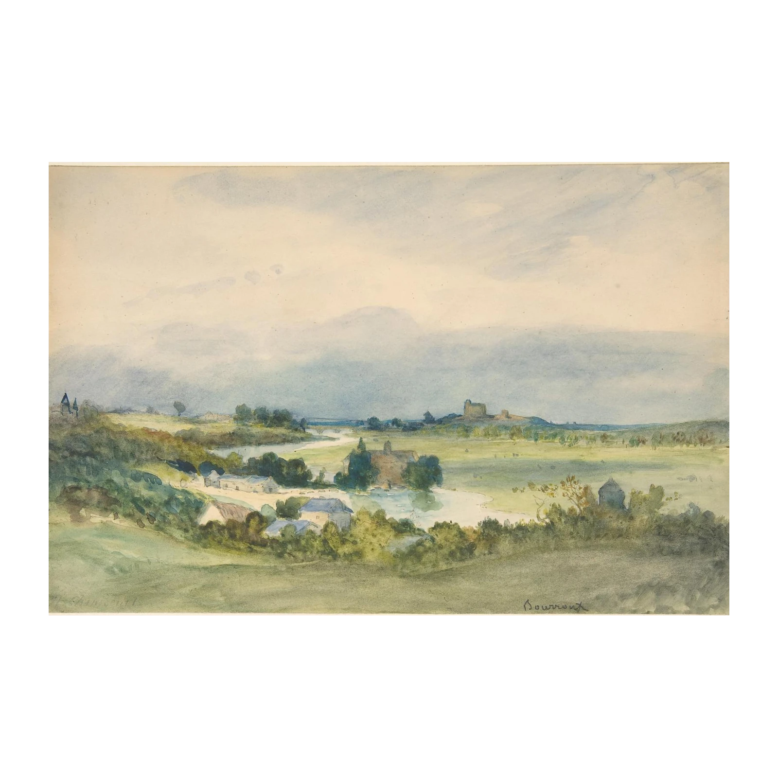 Serene Countryside Landscape Watercolor Wall Art