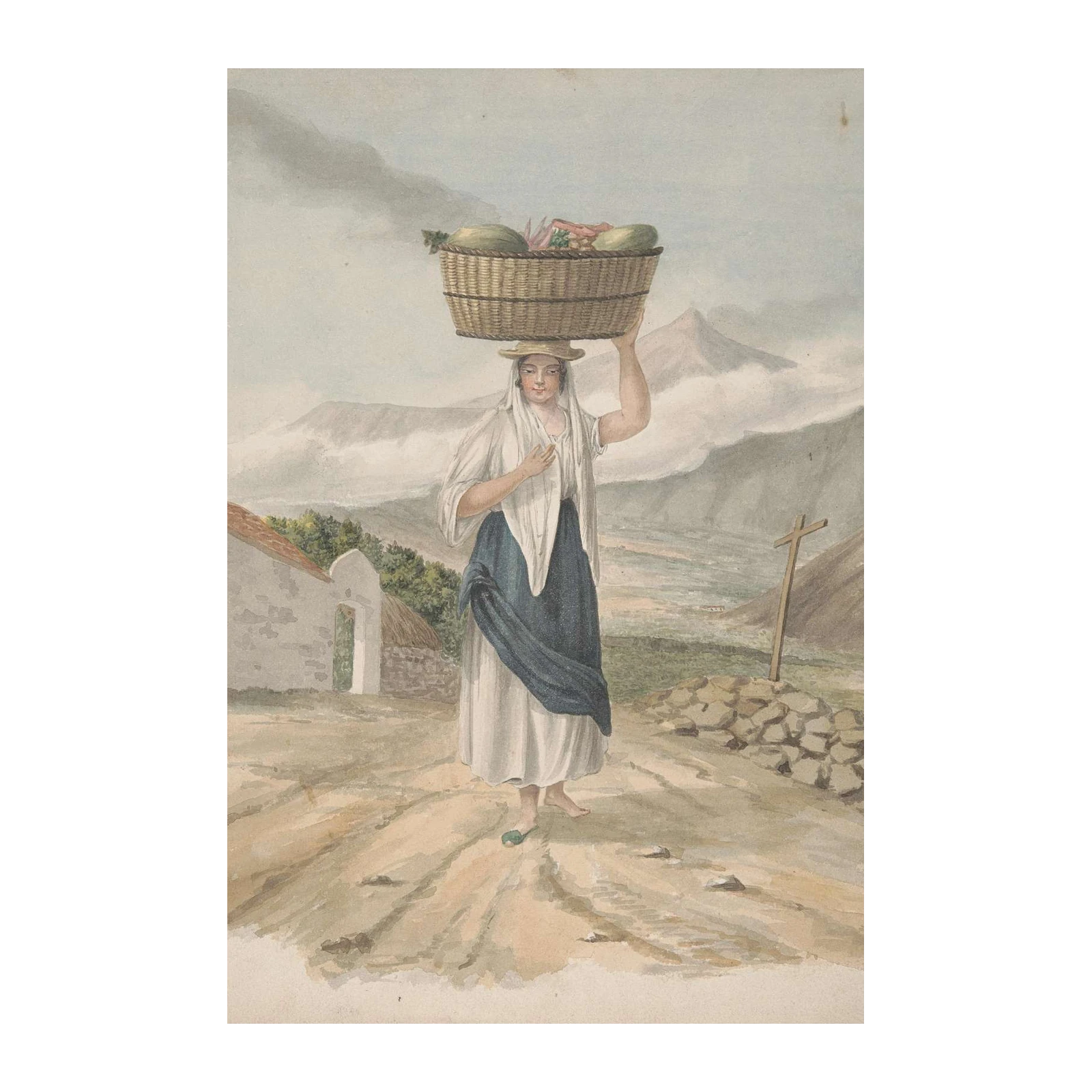 Woman with Fruit Basket Wall Art - Vintage Art