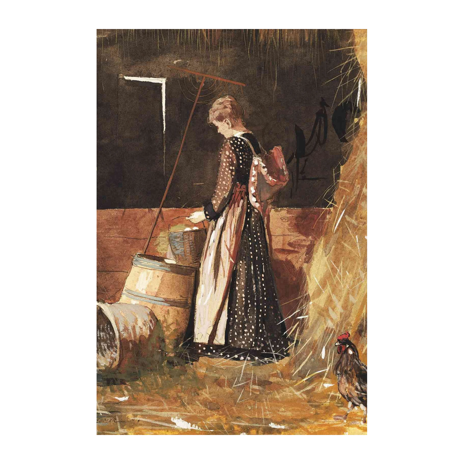 Farmhouse Scene with Woman and Rooster Wall Art