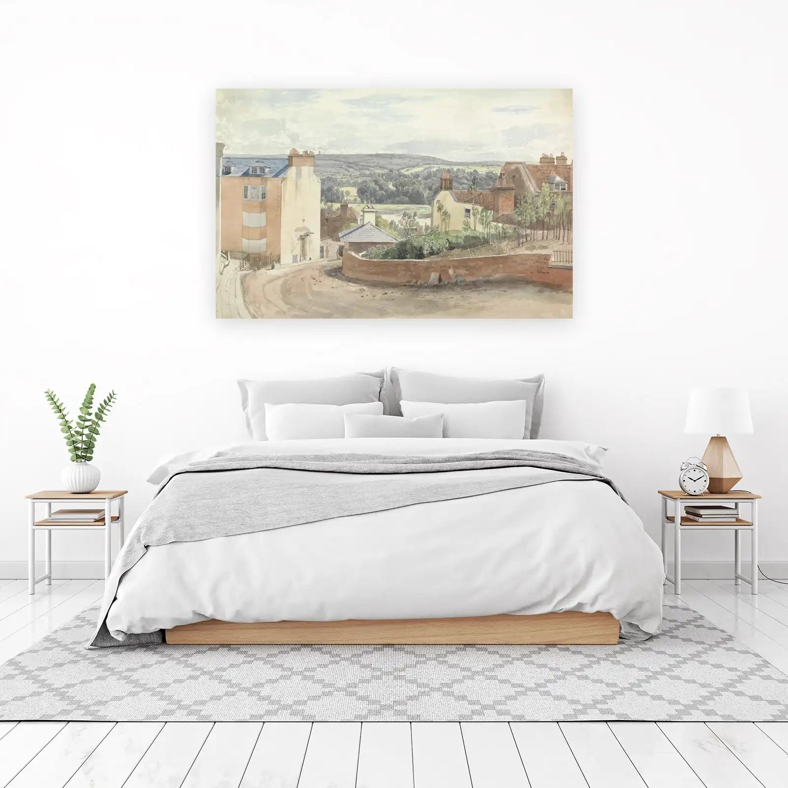 Charming Village Landscape Watercolor Wall Art