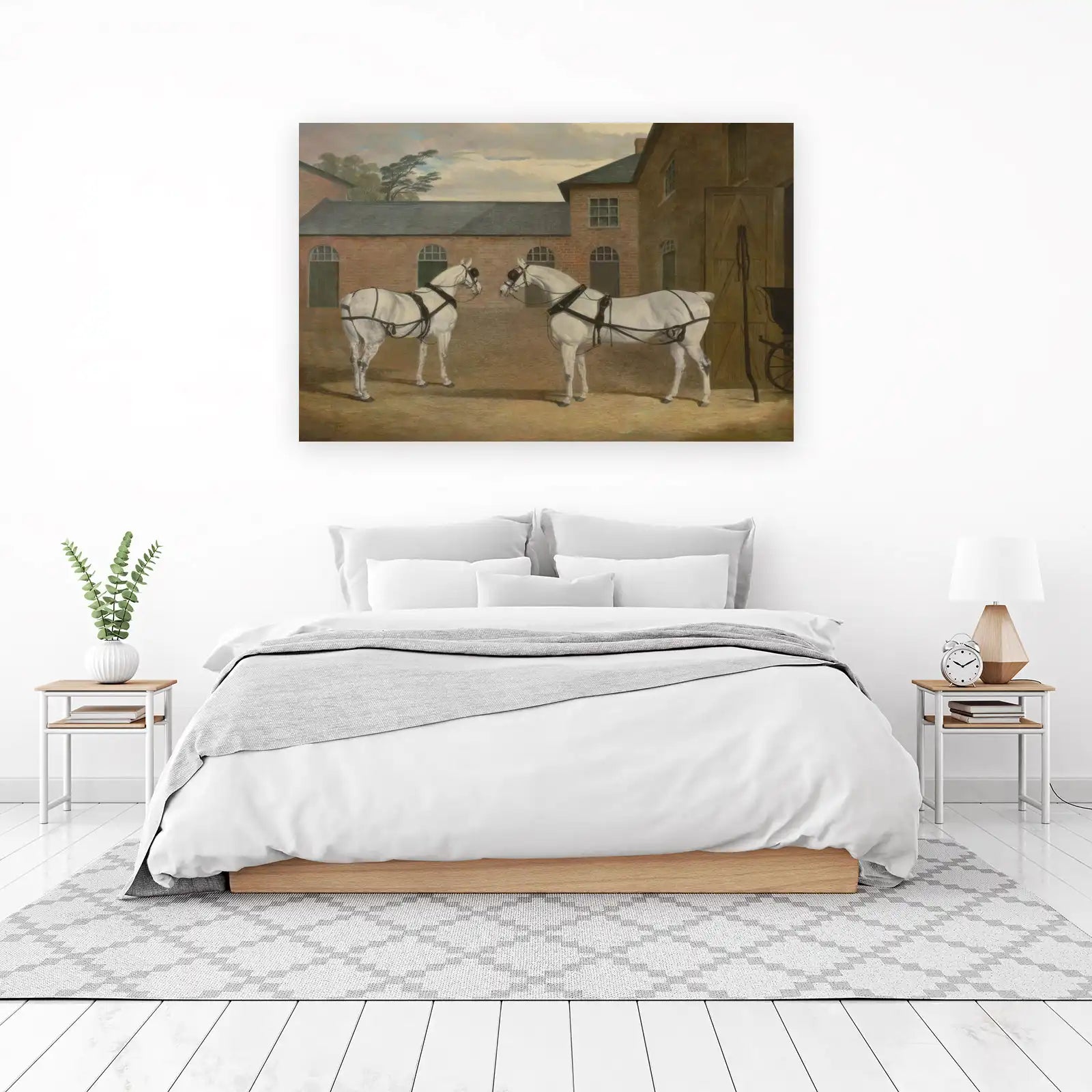 Elegant White Horses Stable Scene Wall Art