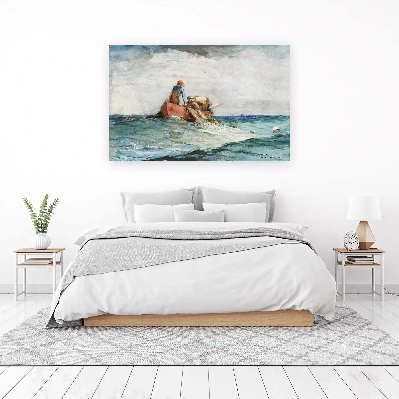 Fishermen in Boat Watercolor Wall Art