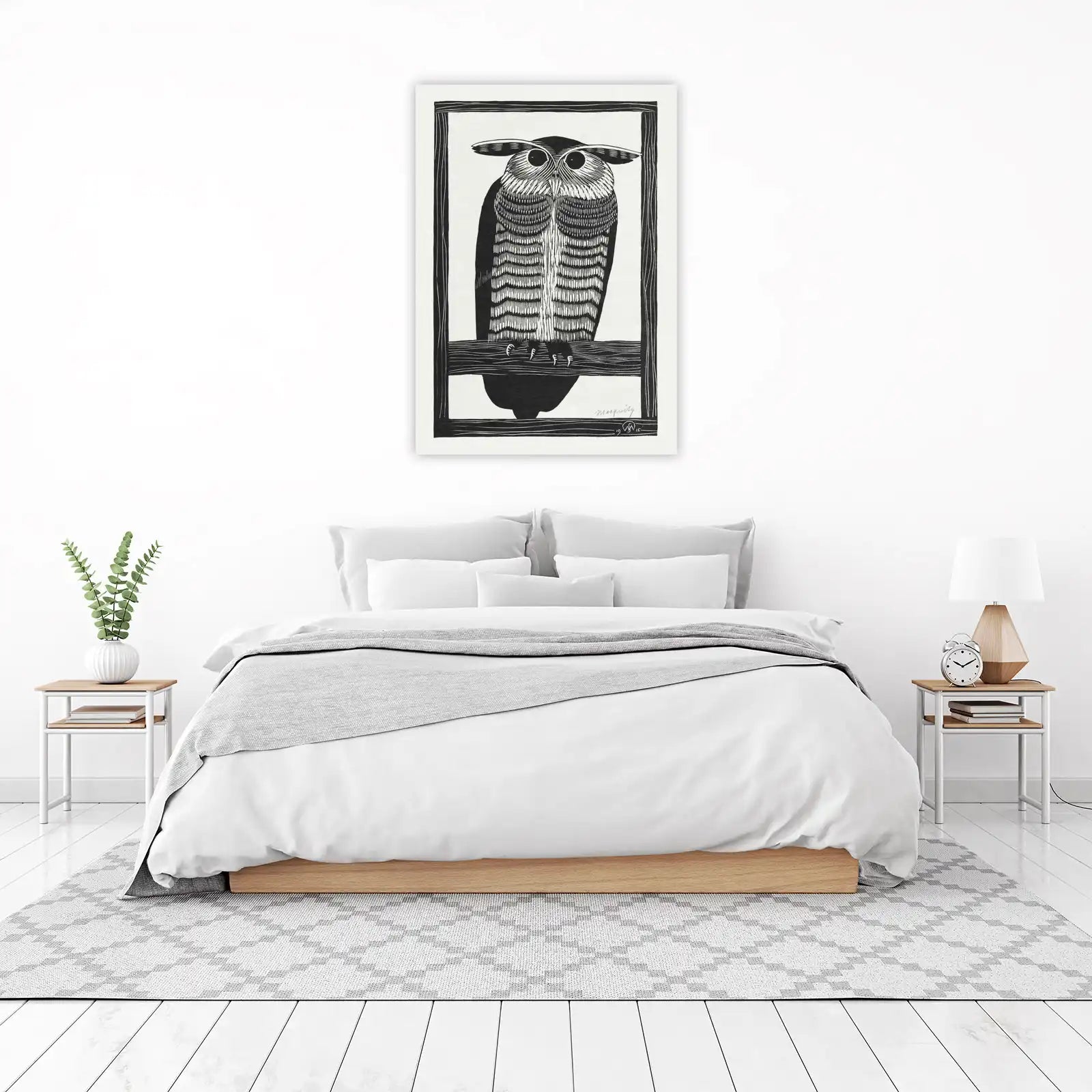 Majestic Owl Illustration Black & White Wall Art