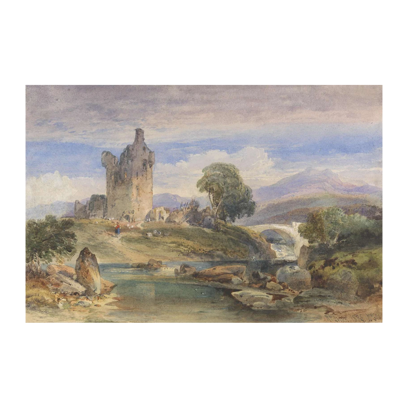 Historic Castle Landscape Watercolor Wall Art