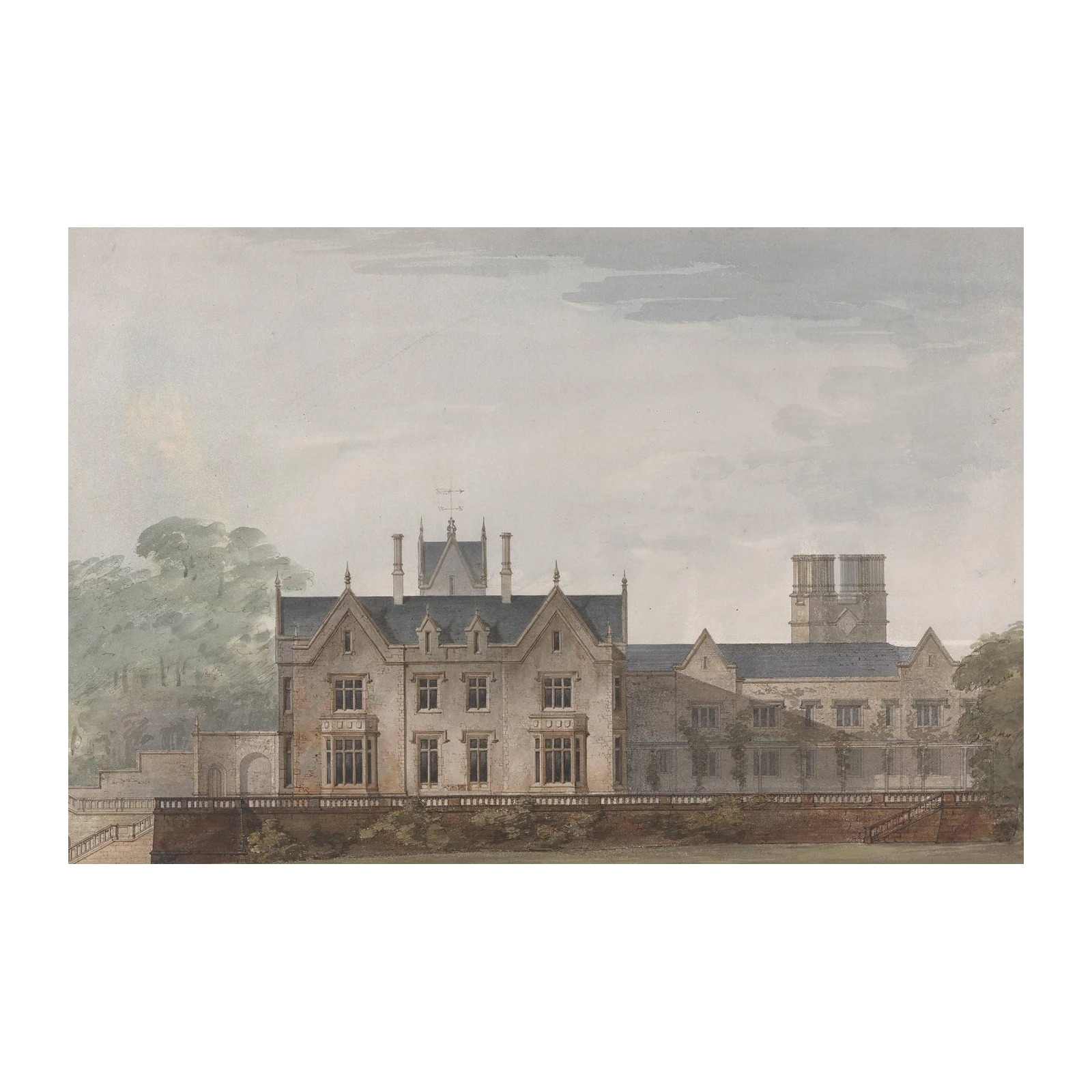 Gothic Estate Watercolor Architectural Wall Art