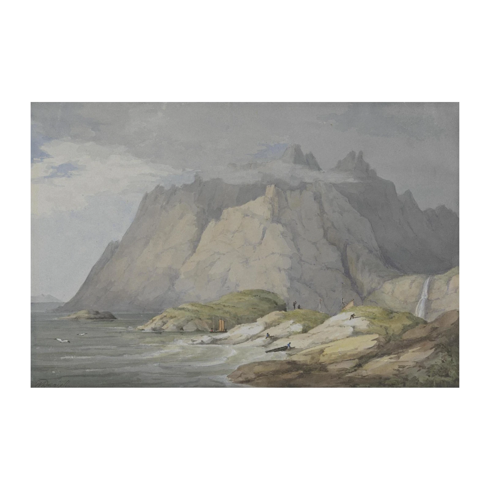 Majestic Mountain Coastline Watercolor Wall Art