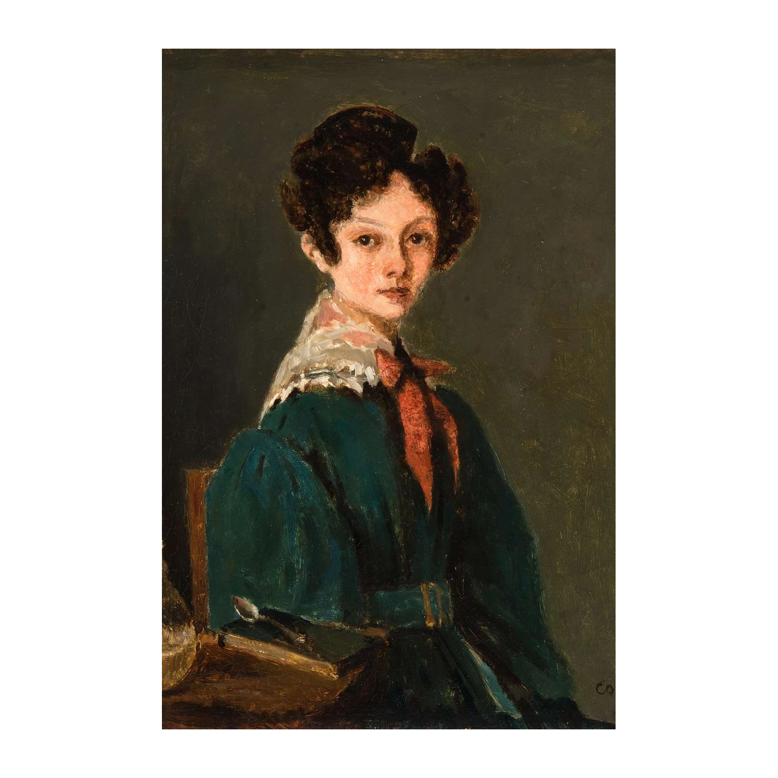 Vintage Portrait Woman Dark Teal Jacket Wall Art