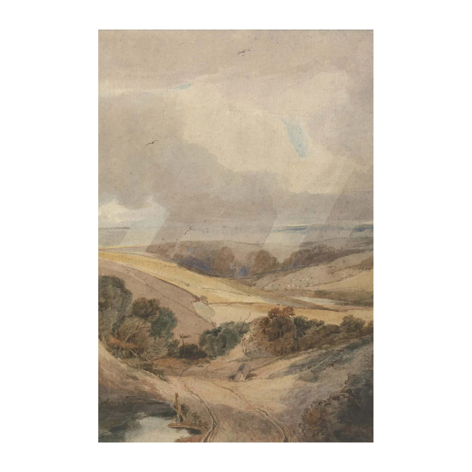 Serene Countryside Landscape Watercolour Wall Art