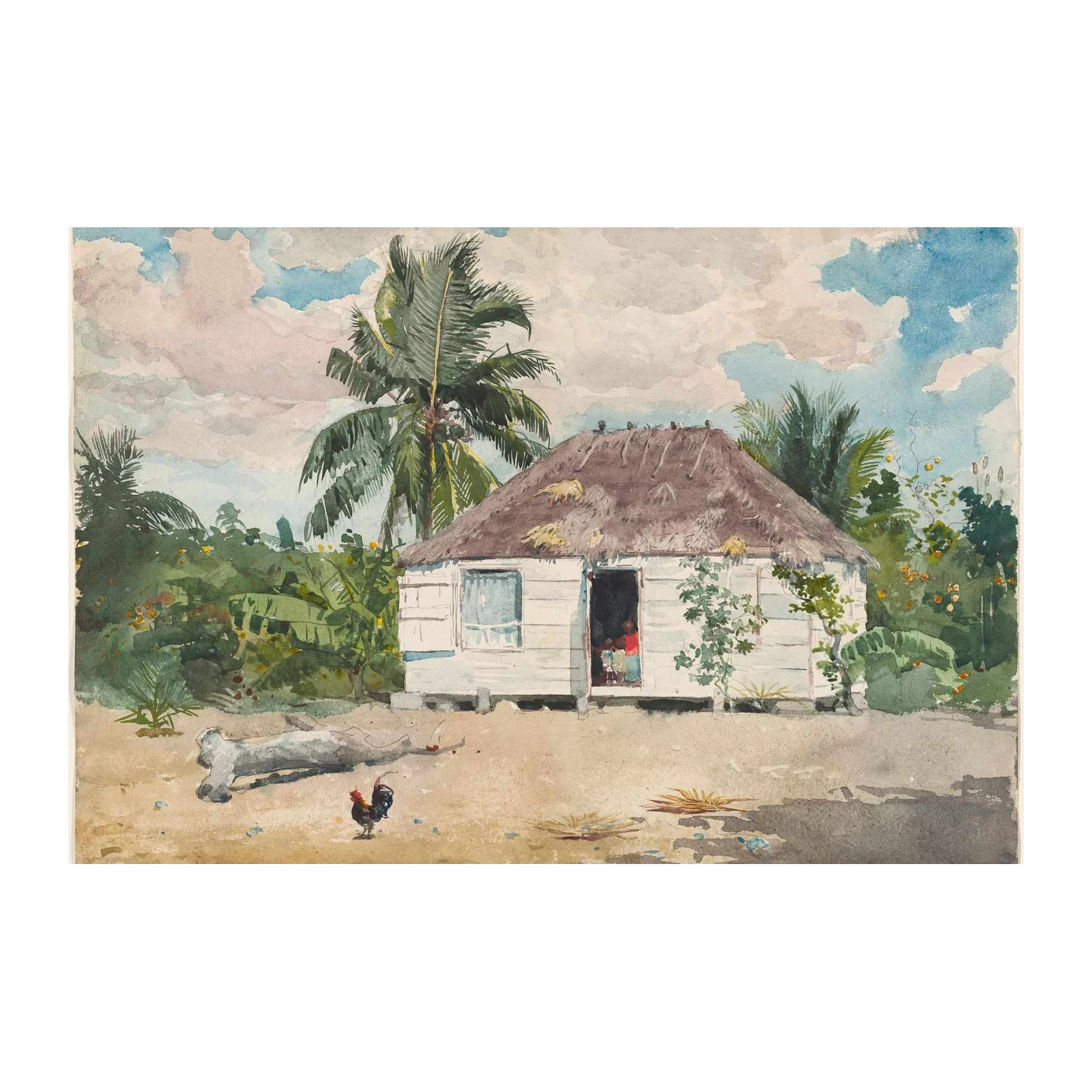Tropical Hut & Rooster Watercolor Wall Art