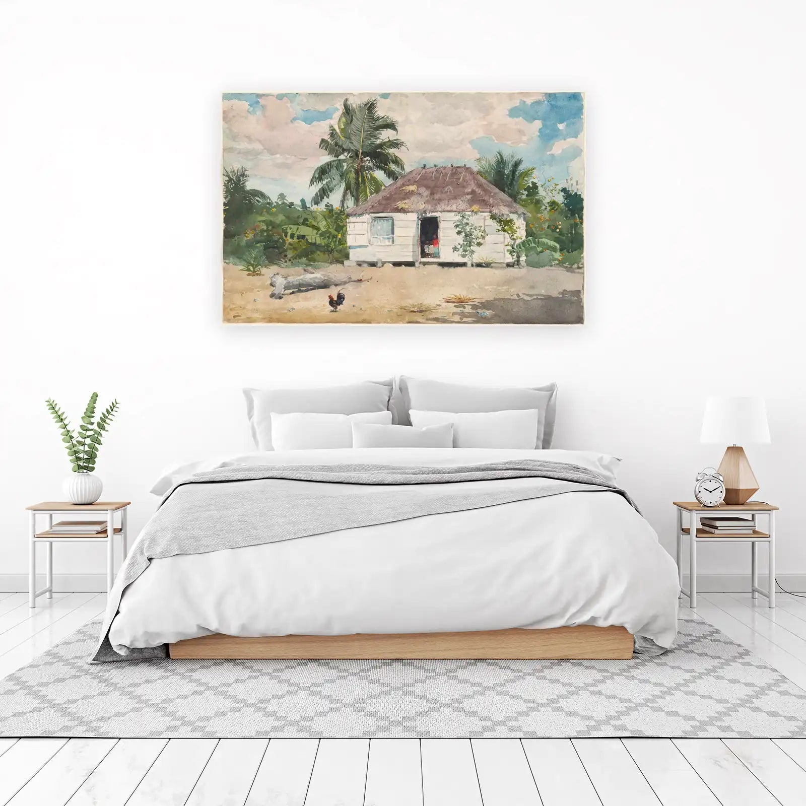 Tropical Hut & Rooster Watercolor Wall Art