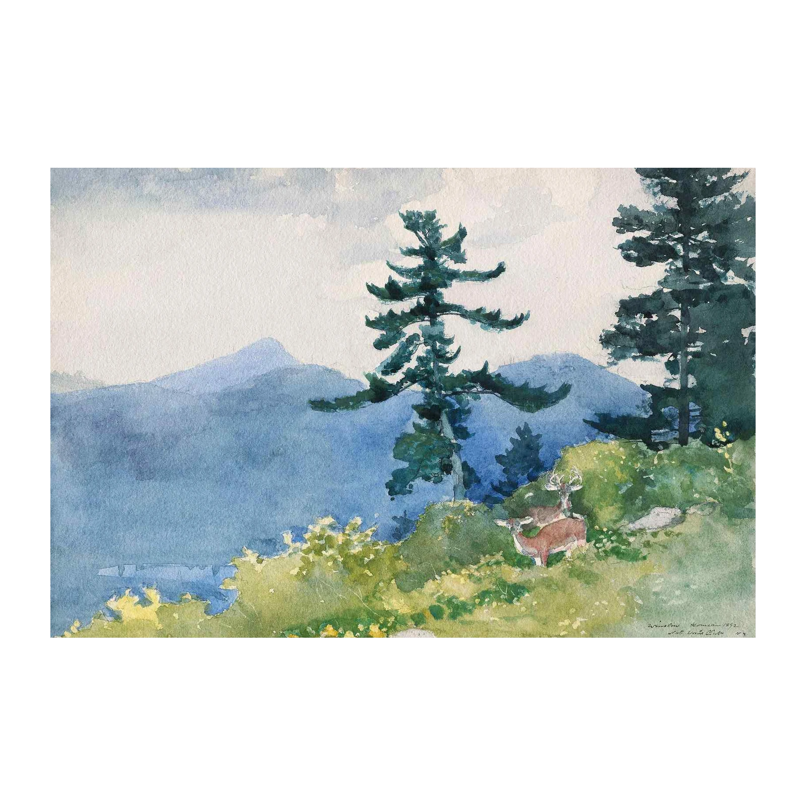 Tranquil Deer Mountain Landscape Watercolor Wall Art