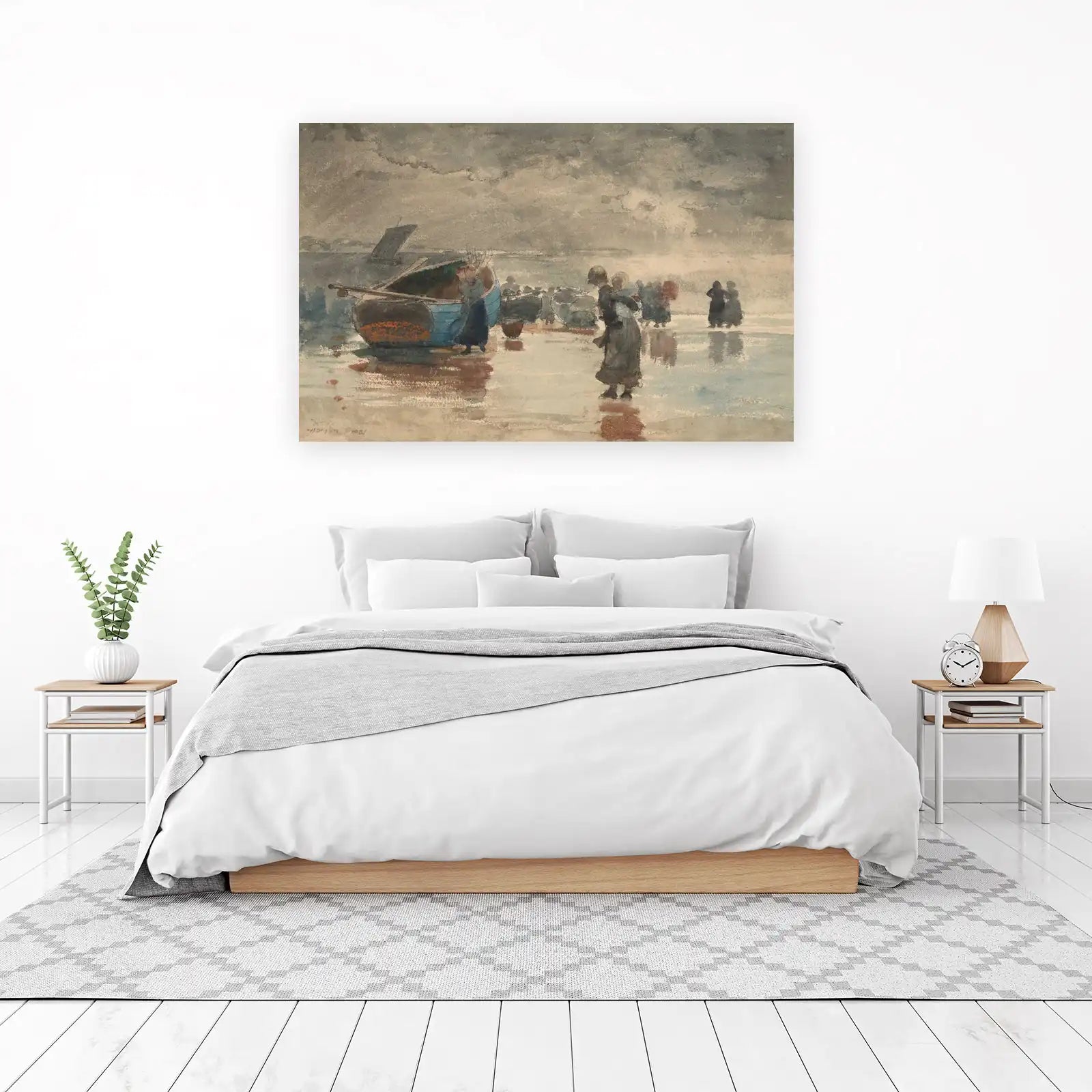 Seaside Figures & Boats Vintage Watercolor Wall Art