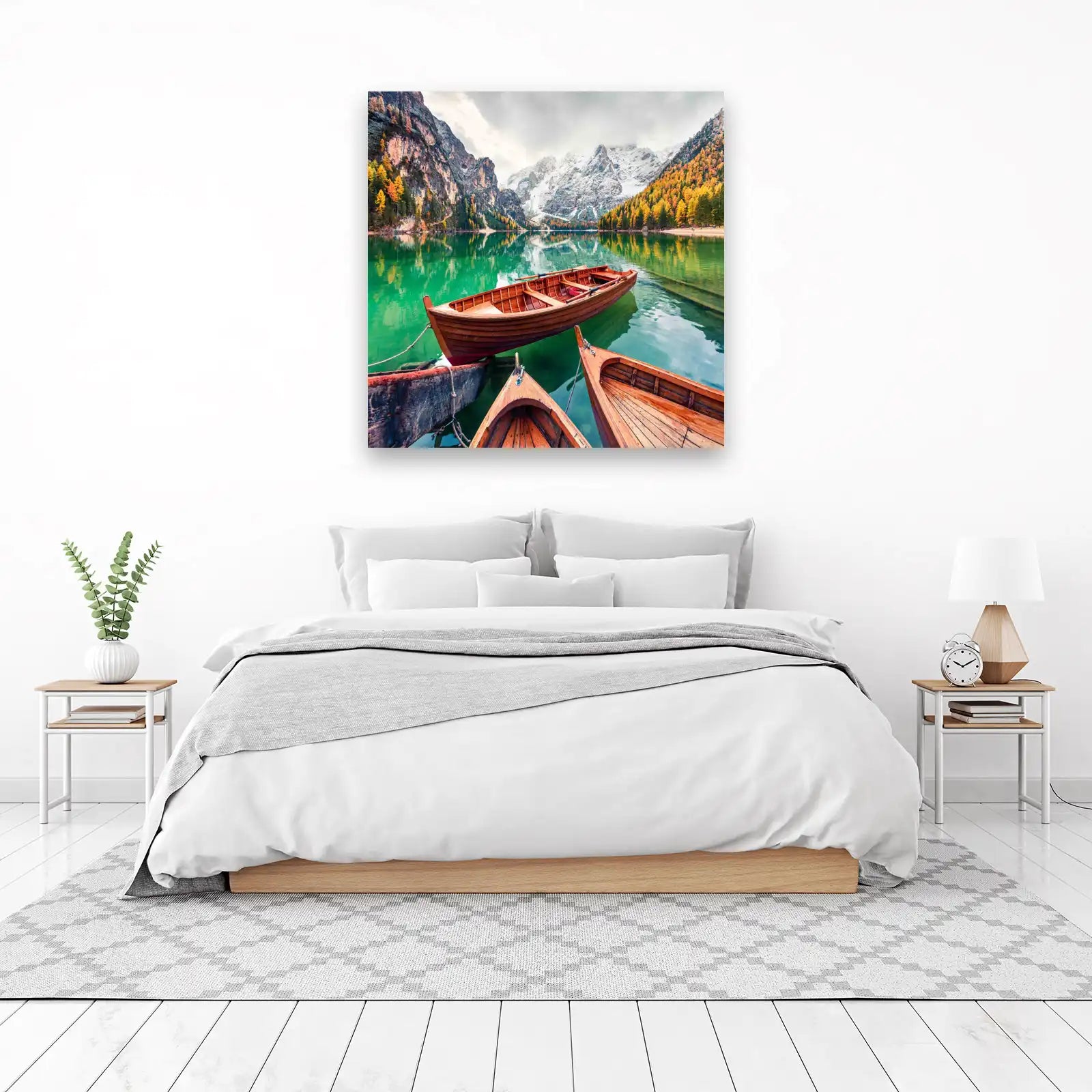 Serene Lake Boats Autumn Mountain Wall Art