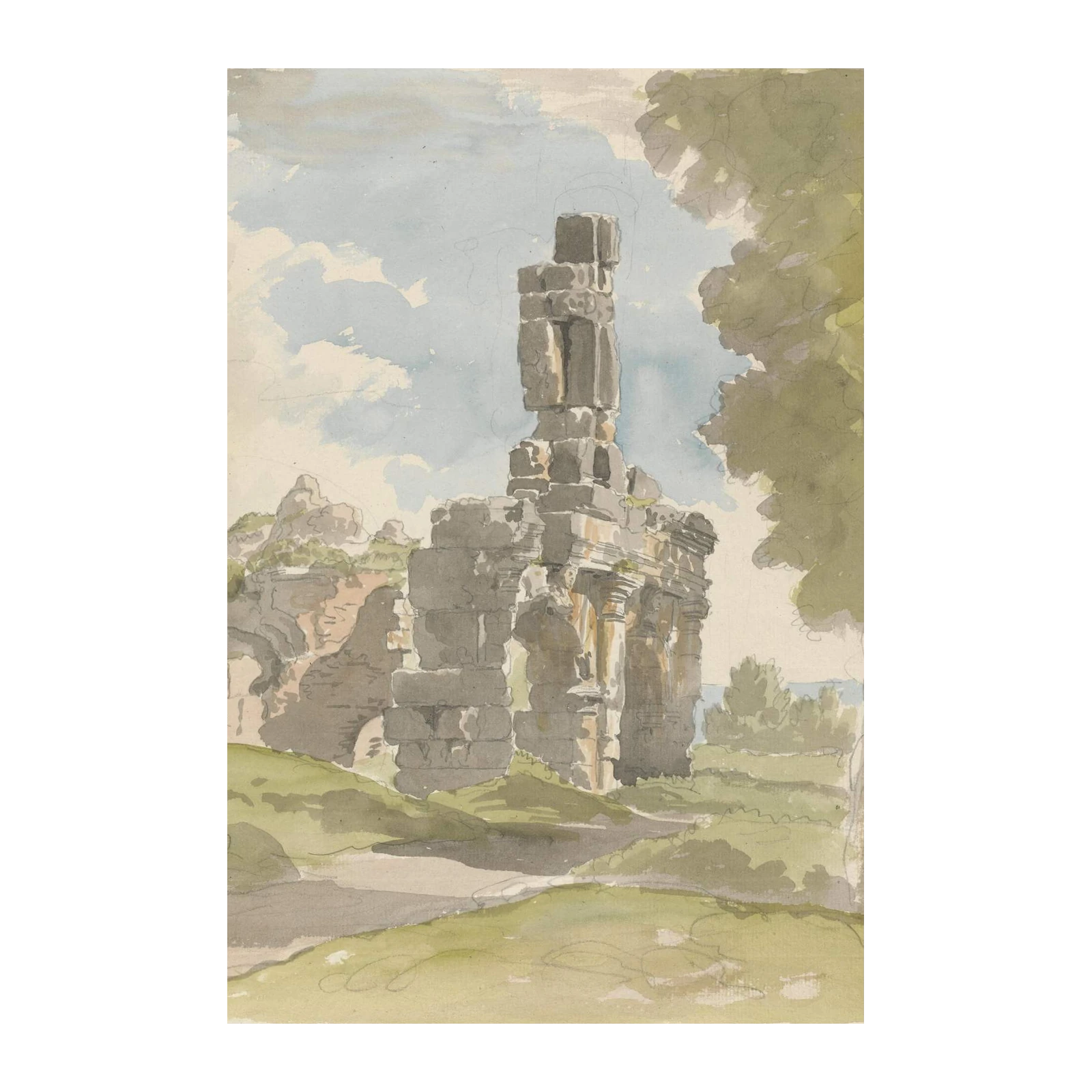 Ancient Ruins Landscape Watercolor Wall Art