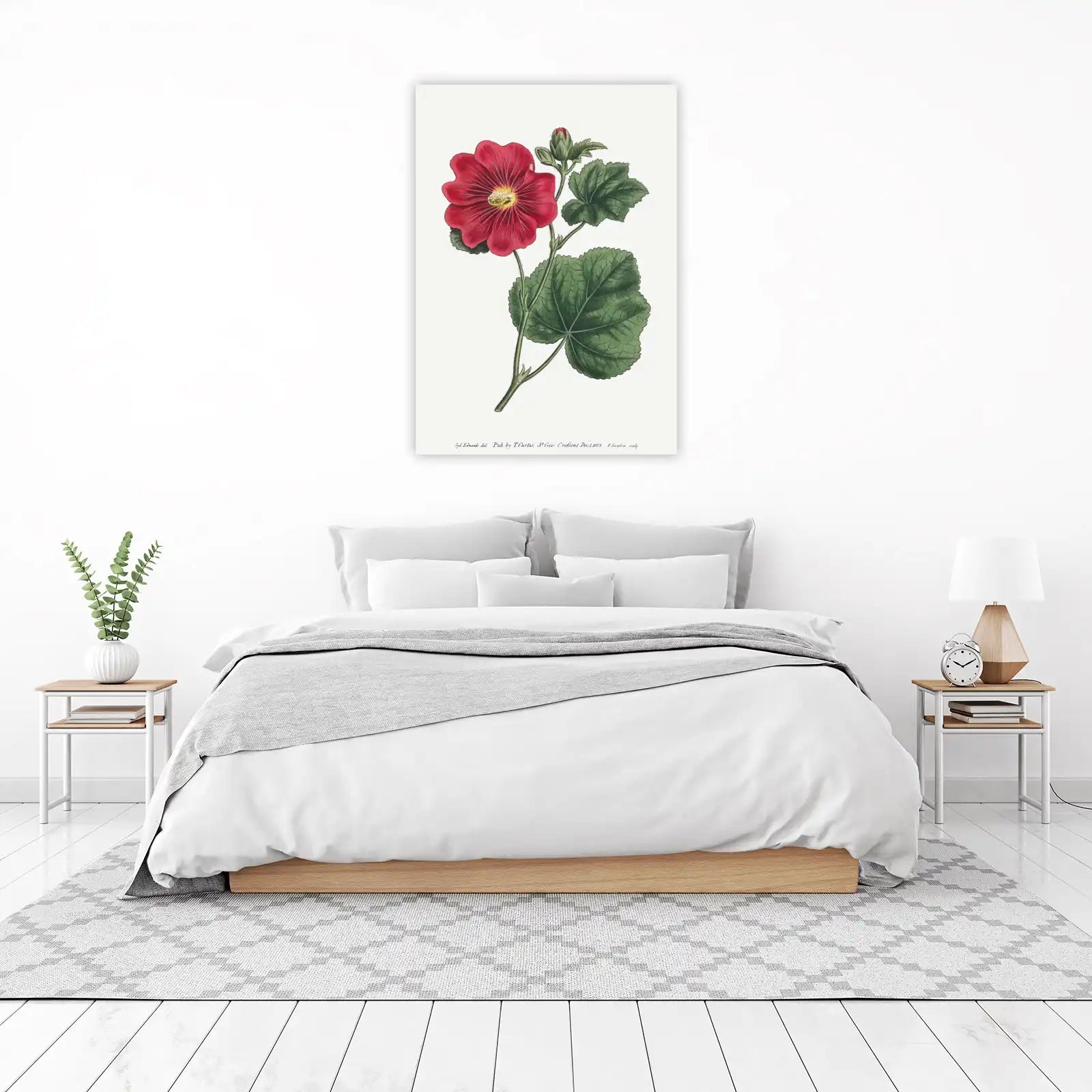 Vintage Red Hollyhock Botanical Art Wall Art