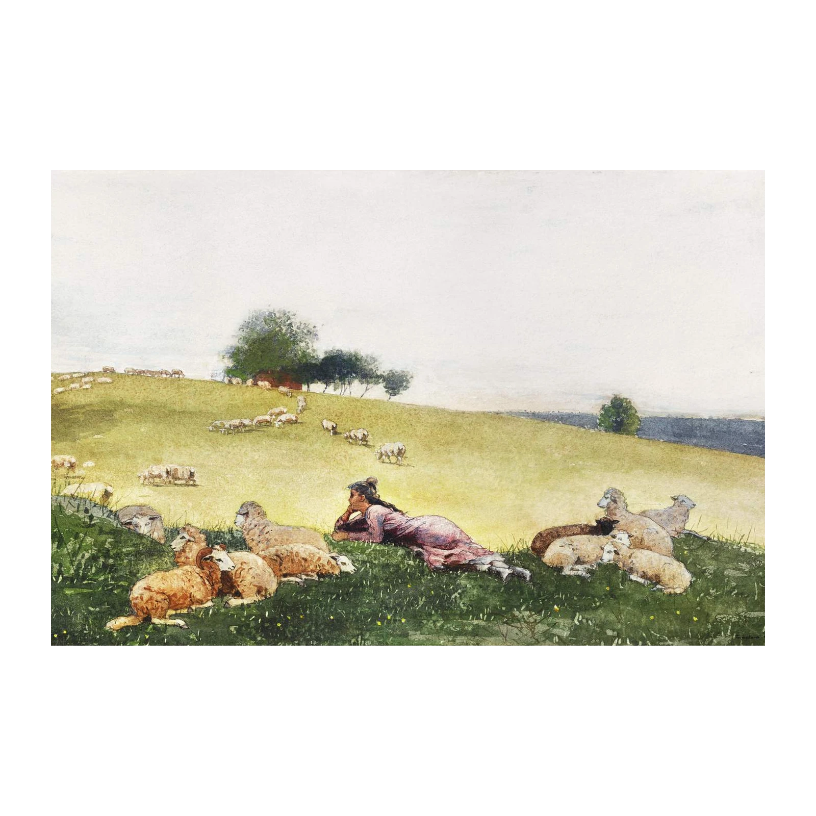 Pastoral Serenity Sheep Shepherdess Landscape Wall Art