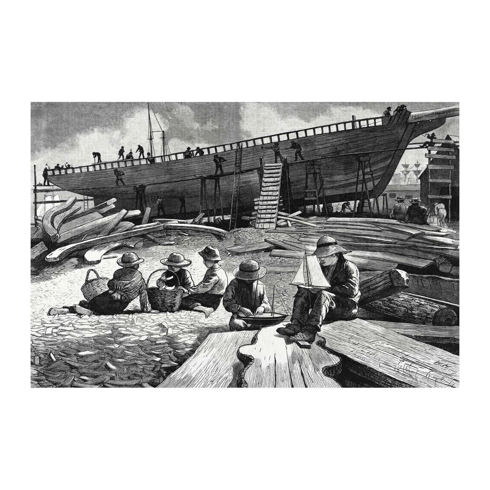 Vintage Shipyard Scene Wall Art