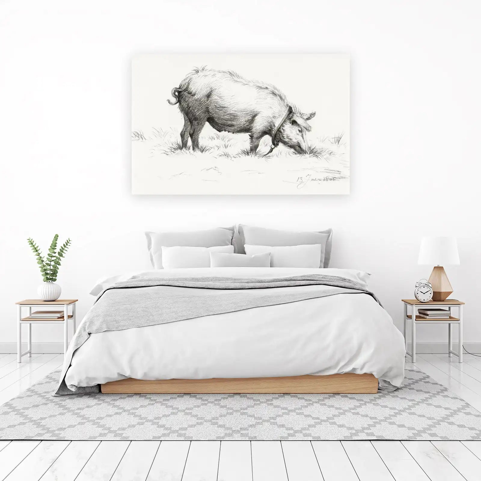 Rustic Pig Grazing Vintage Sketch Wall Art