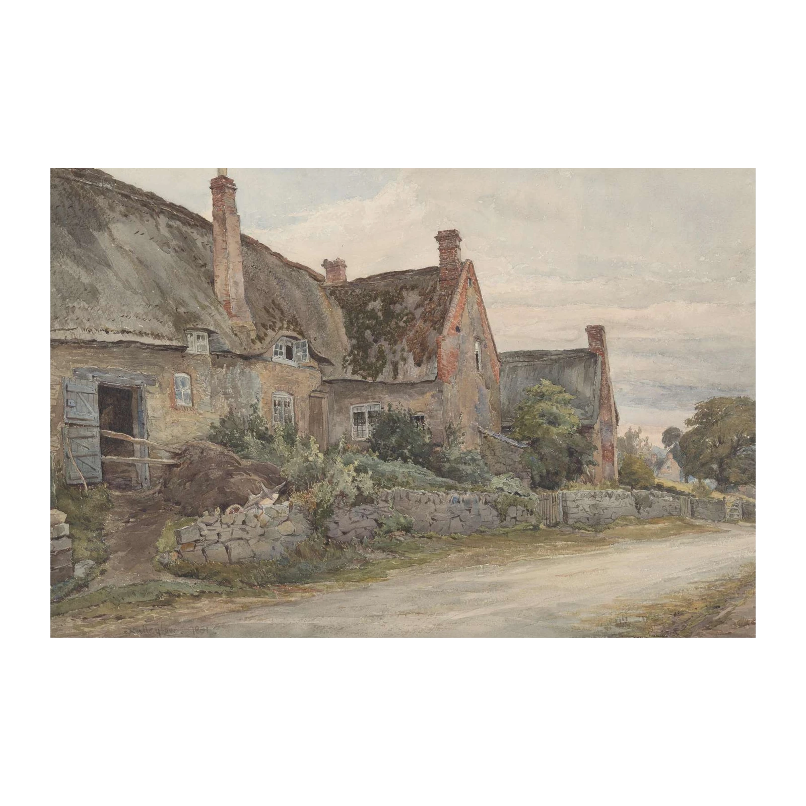 Vintage Cottage Landscape Watercolor Wall Art