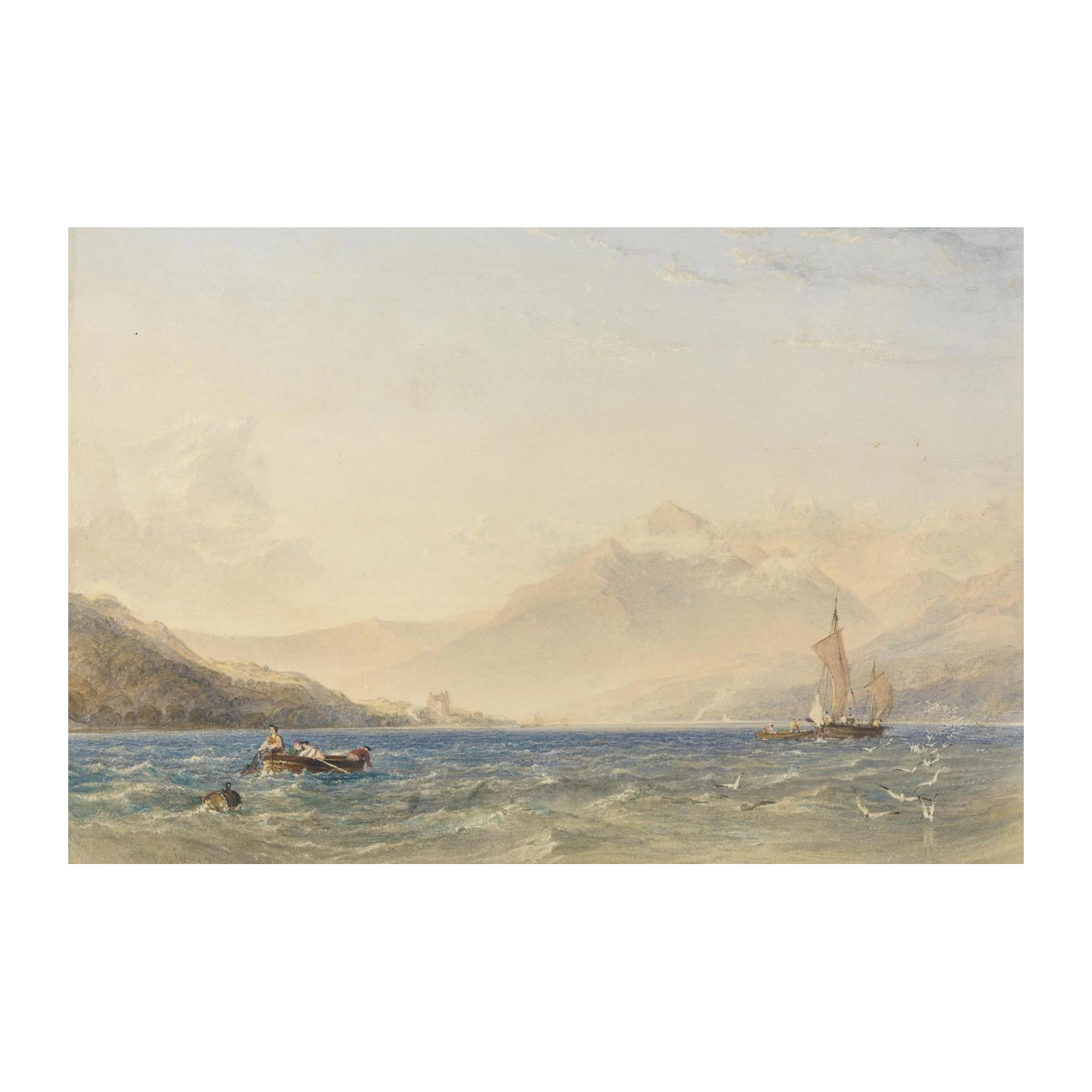 Serene Lake Landscape with Boats Wall Art