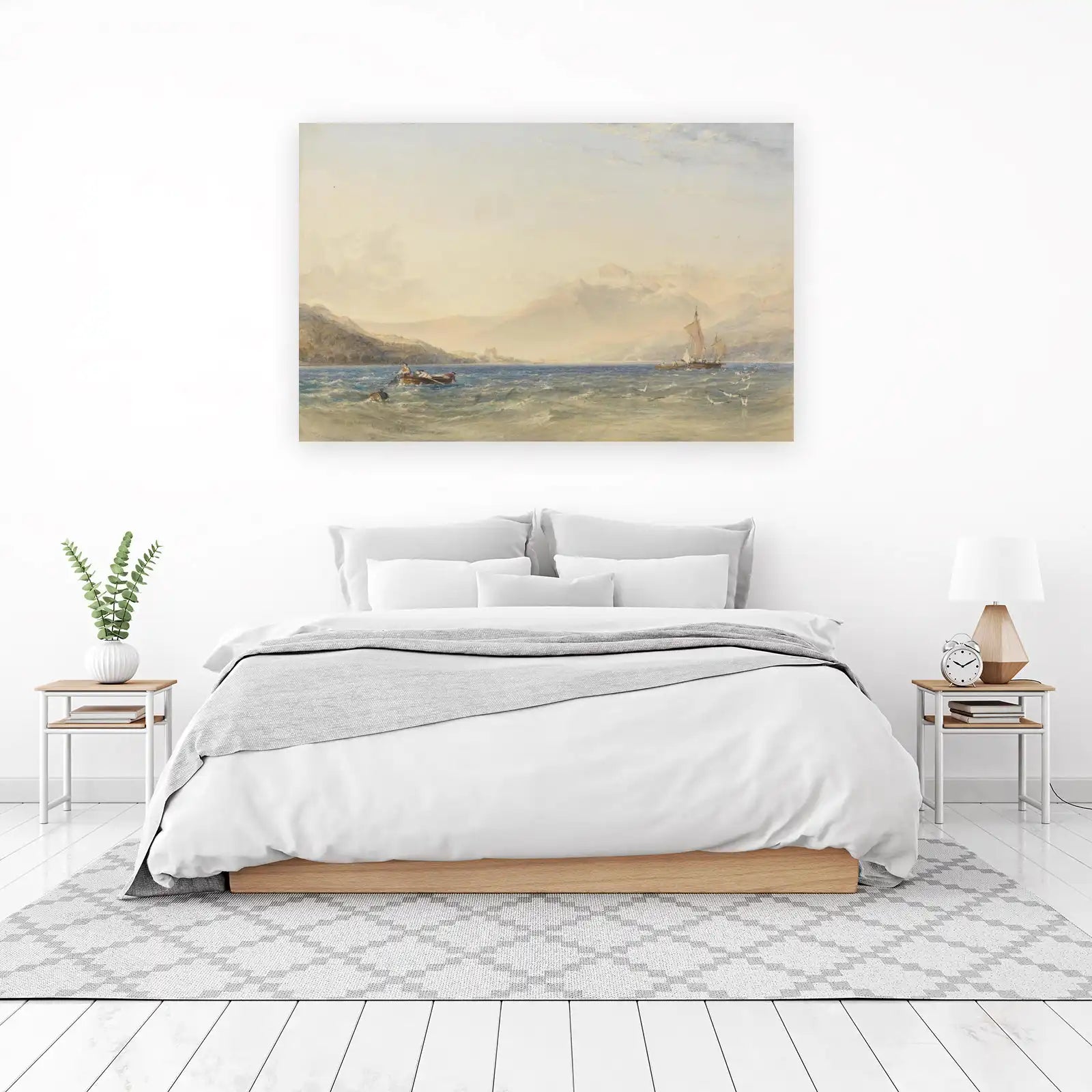 Serene Lake Landscape with Boats Wall Art
