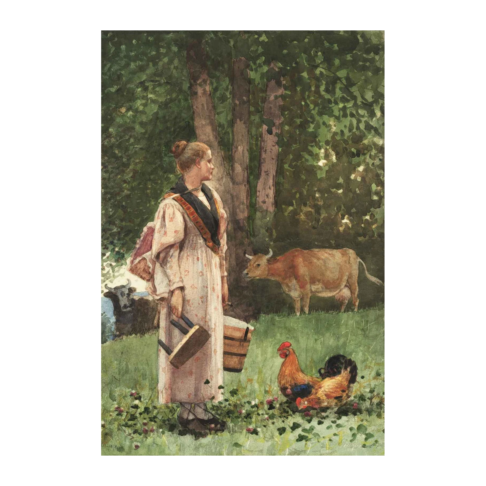 Pastoral Farm Scene Woman & Animals Wall Art