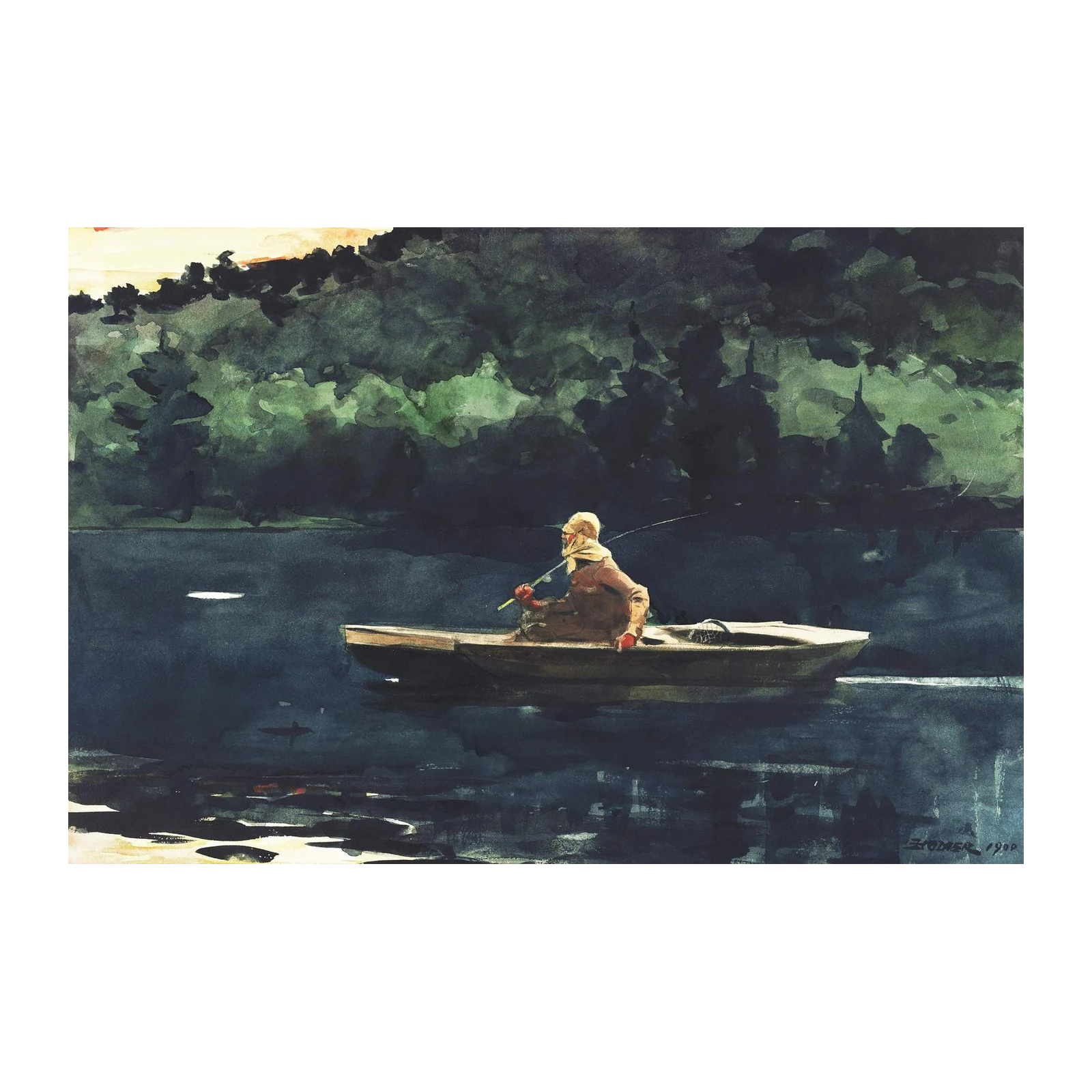 Serene Fishing Scene Watercolor Wall Art