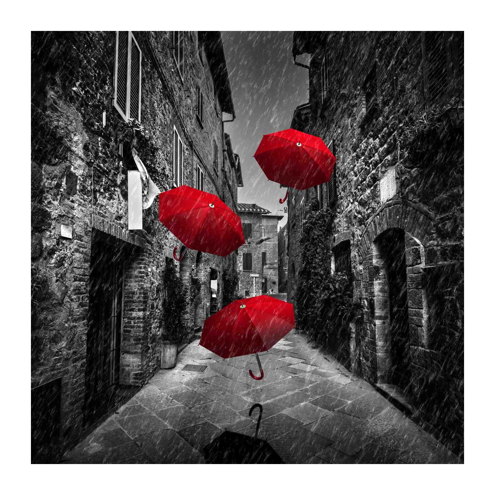 Vibrant Red Umbrellas Rainy Alley Wall Art
