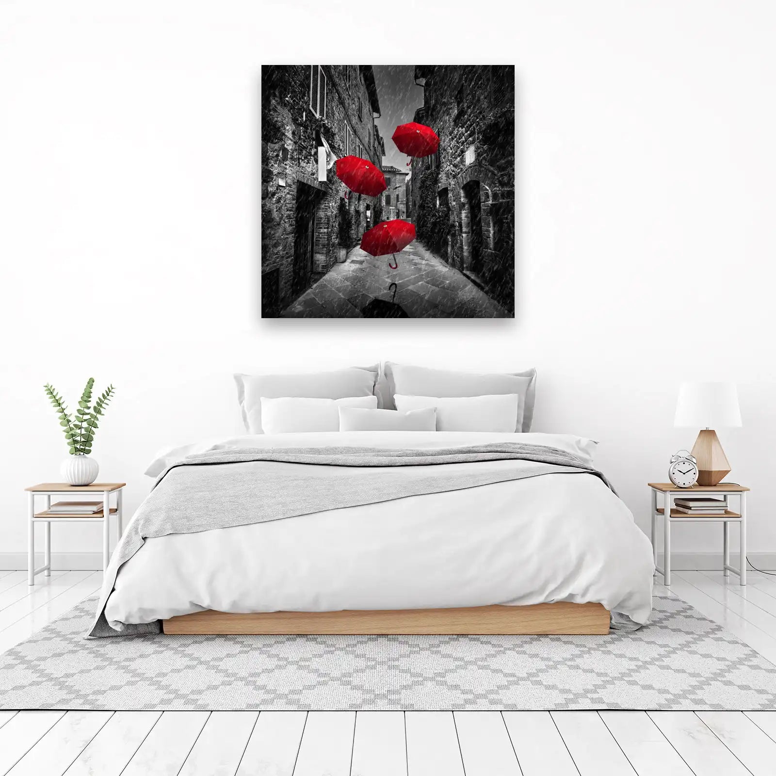 Vibrant Red Umbrellas Rainy Alley Wall Art