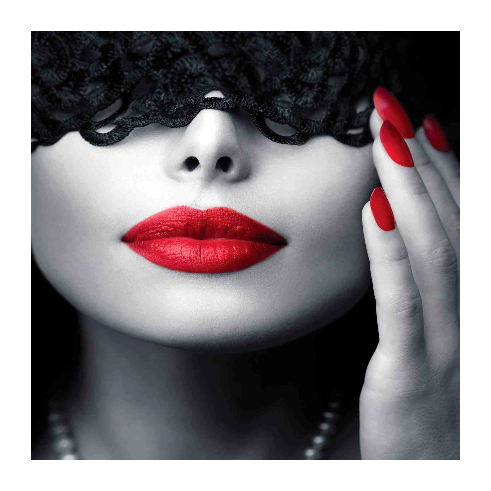 Bold Red Lips Lace Mask Glamour Wall Art