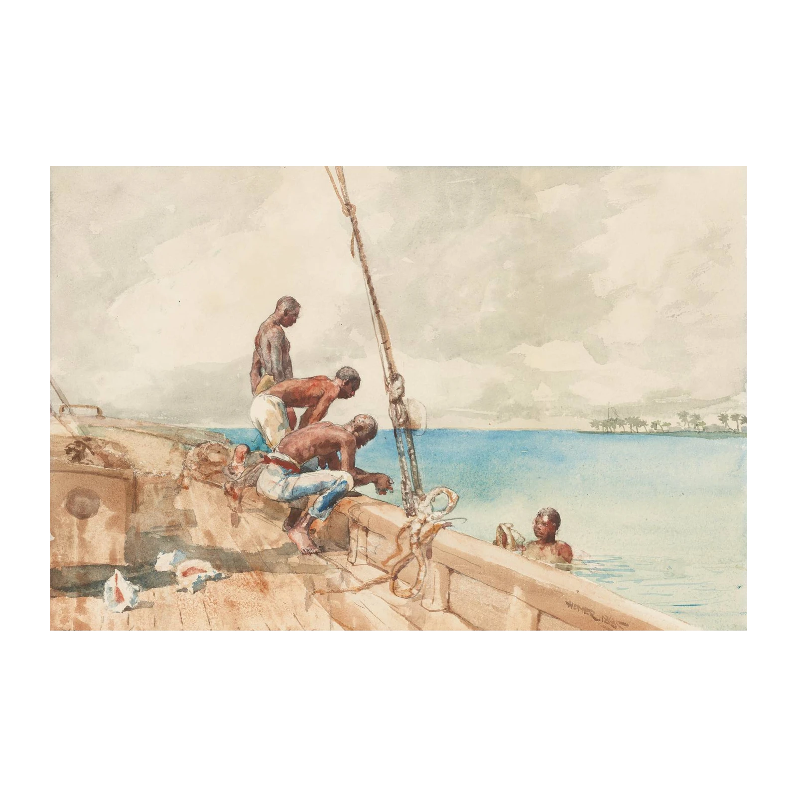 Tropical Seascape Nautical Men in Boat Wall Art