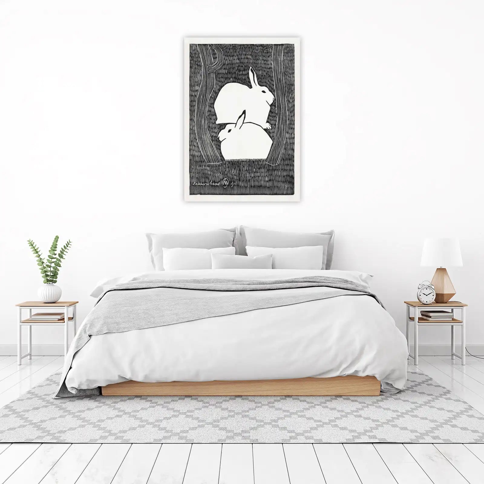 Charming Rabbits in Forest Black & White Wall Art