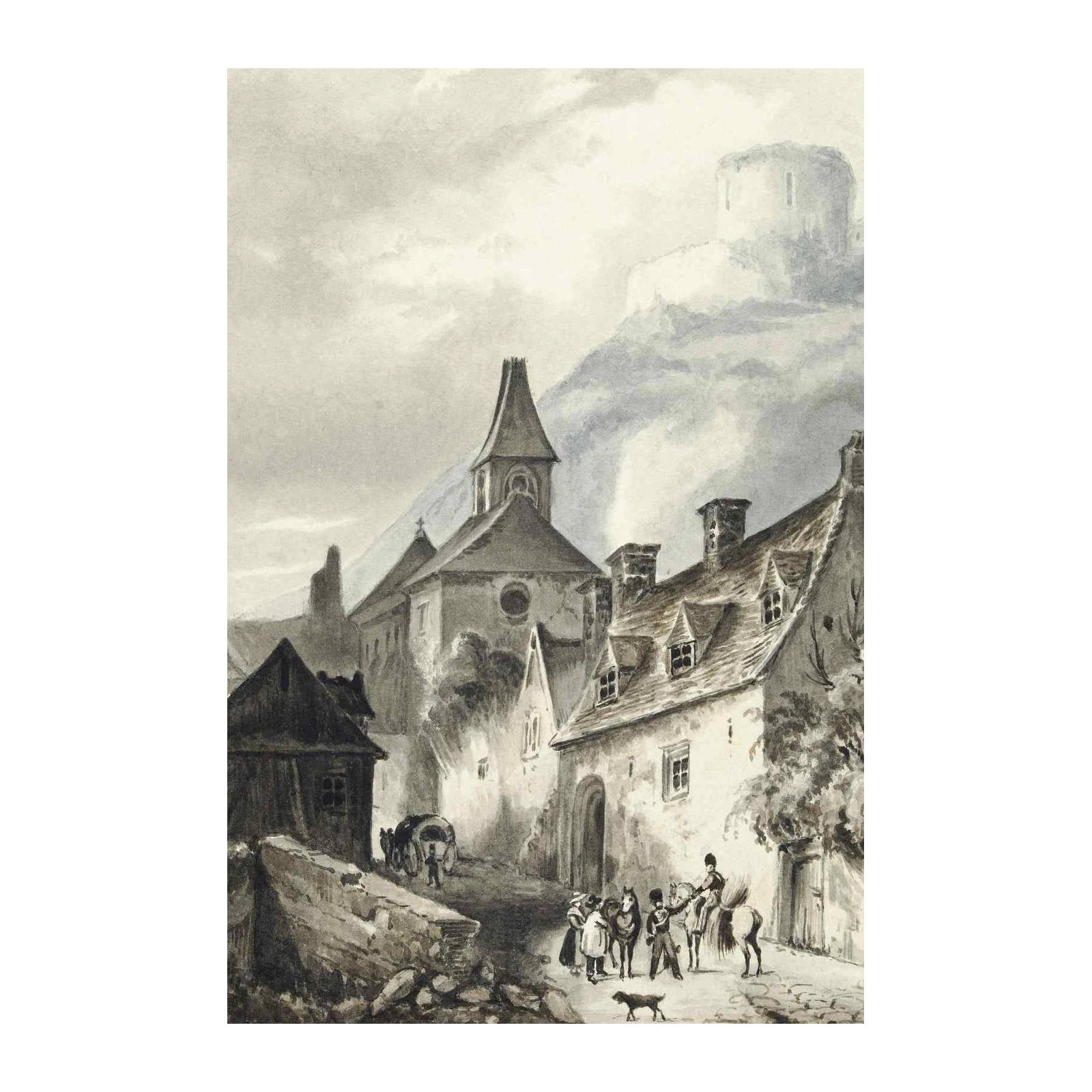 Vintage Village Scene with Castle Wall Art