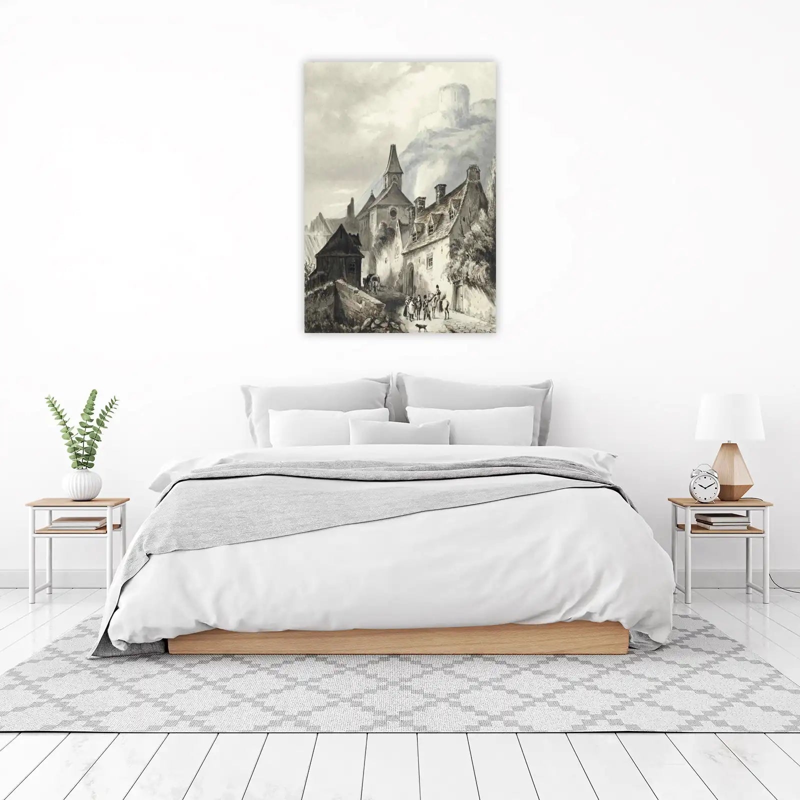 Vintage Village Scene with Castle Wall Art