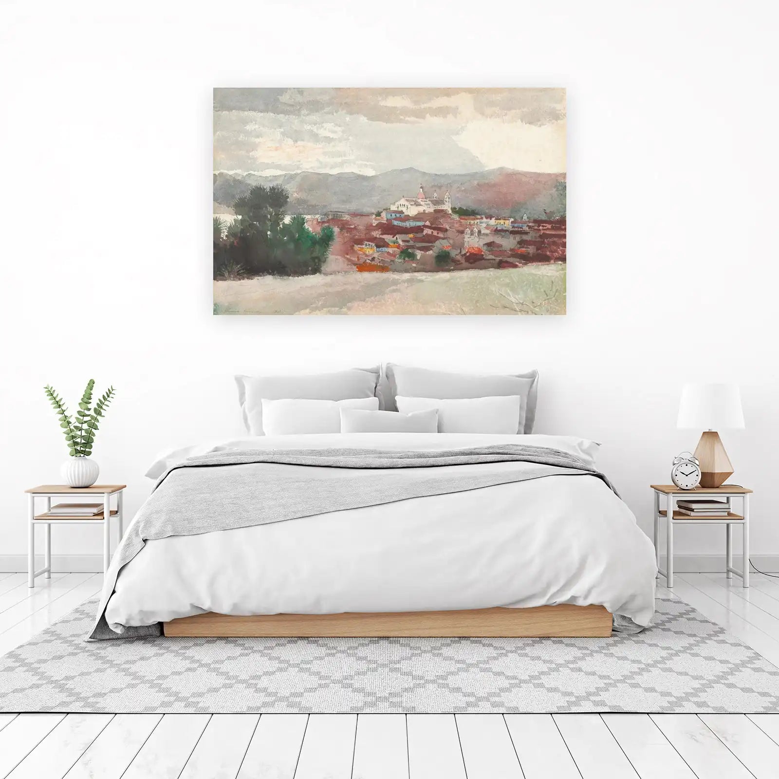 Serene Mountain Town Watercolor Wall Art
