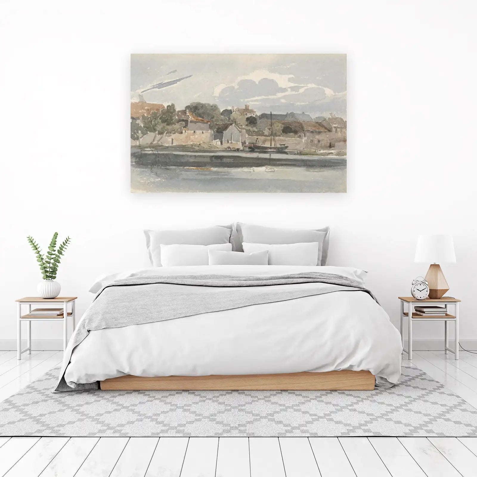 Serene Waterfront Village Watercolor Wall Art