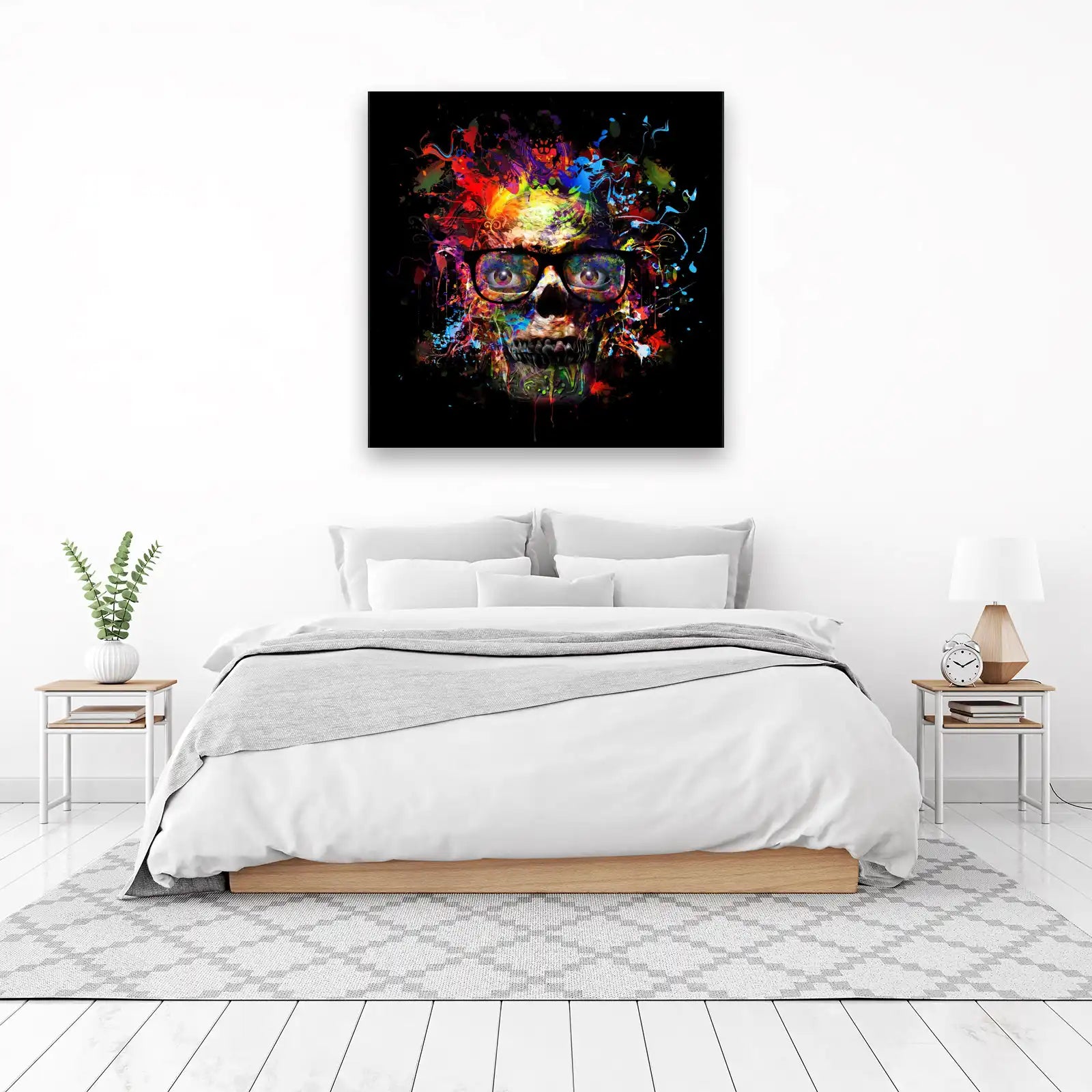 Abstract Skull with Neon Splash Wall Art