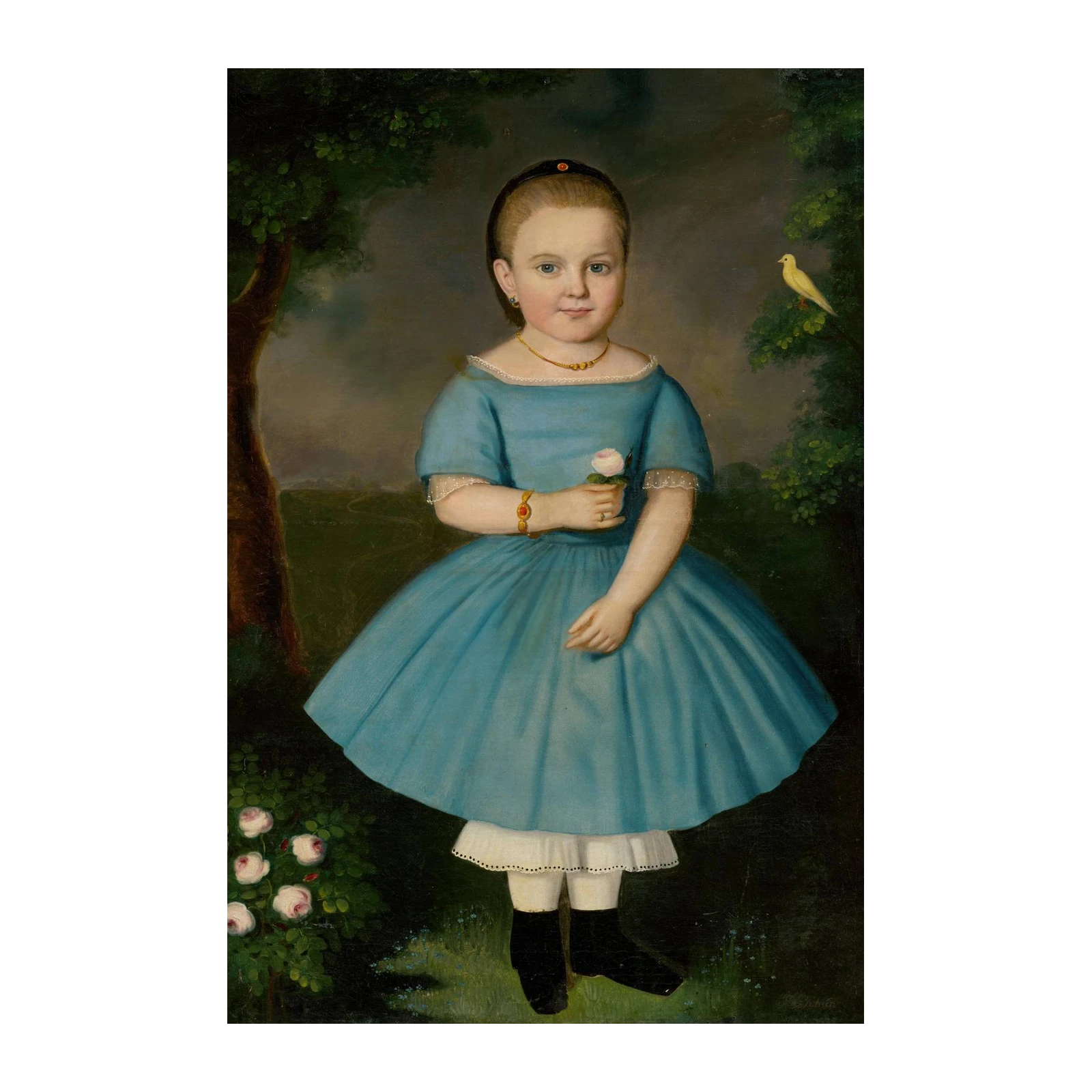 Vintage Girl with Bird & Roses Wall Art