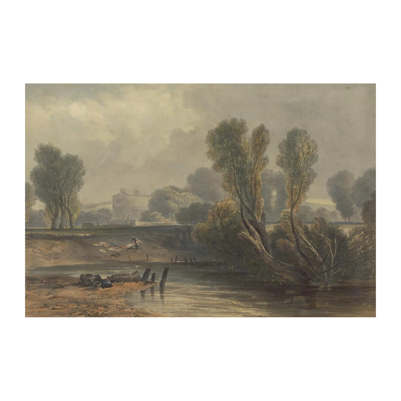 Serene Riverside Landscape Watercolour Wall Art