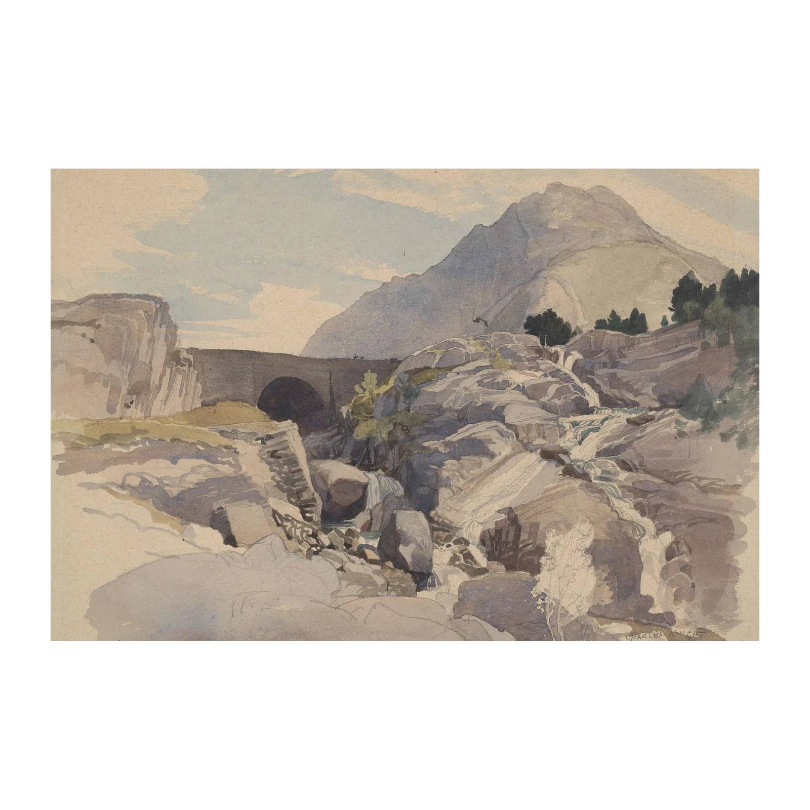 Mountain Bridge & Waterfall Landscape Wall Art