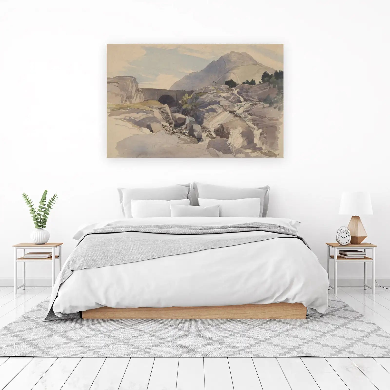 Mountain Bridge & Waterfall Landscape Wall Art
