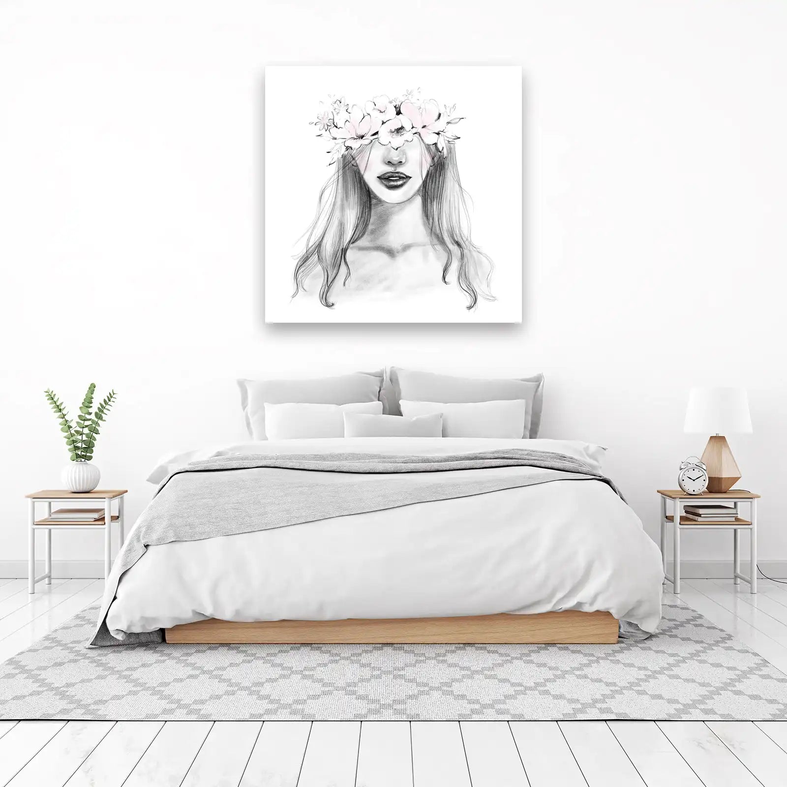 Ethereal Floral Crown Woman Sketch Wall Art